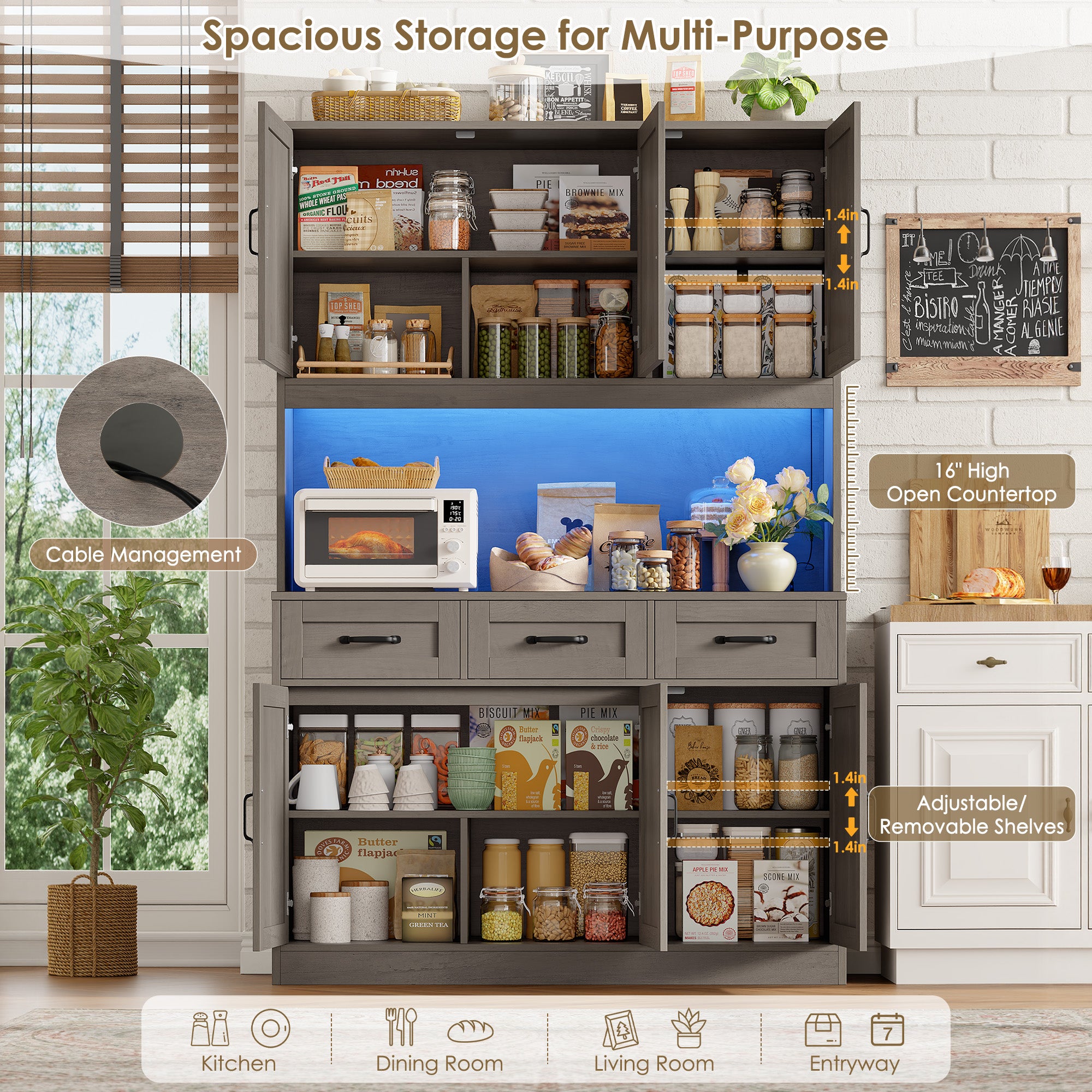 Hiphuta 72" Tall Kitchen Pantry Storgae Cabinet with RGB LED, Hutch Cabinet with Charging Station and Adjustable Shelves for Dining Room, Gray