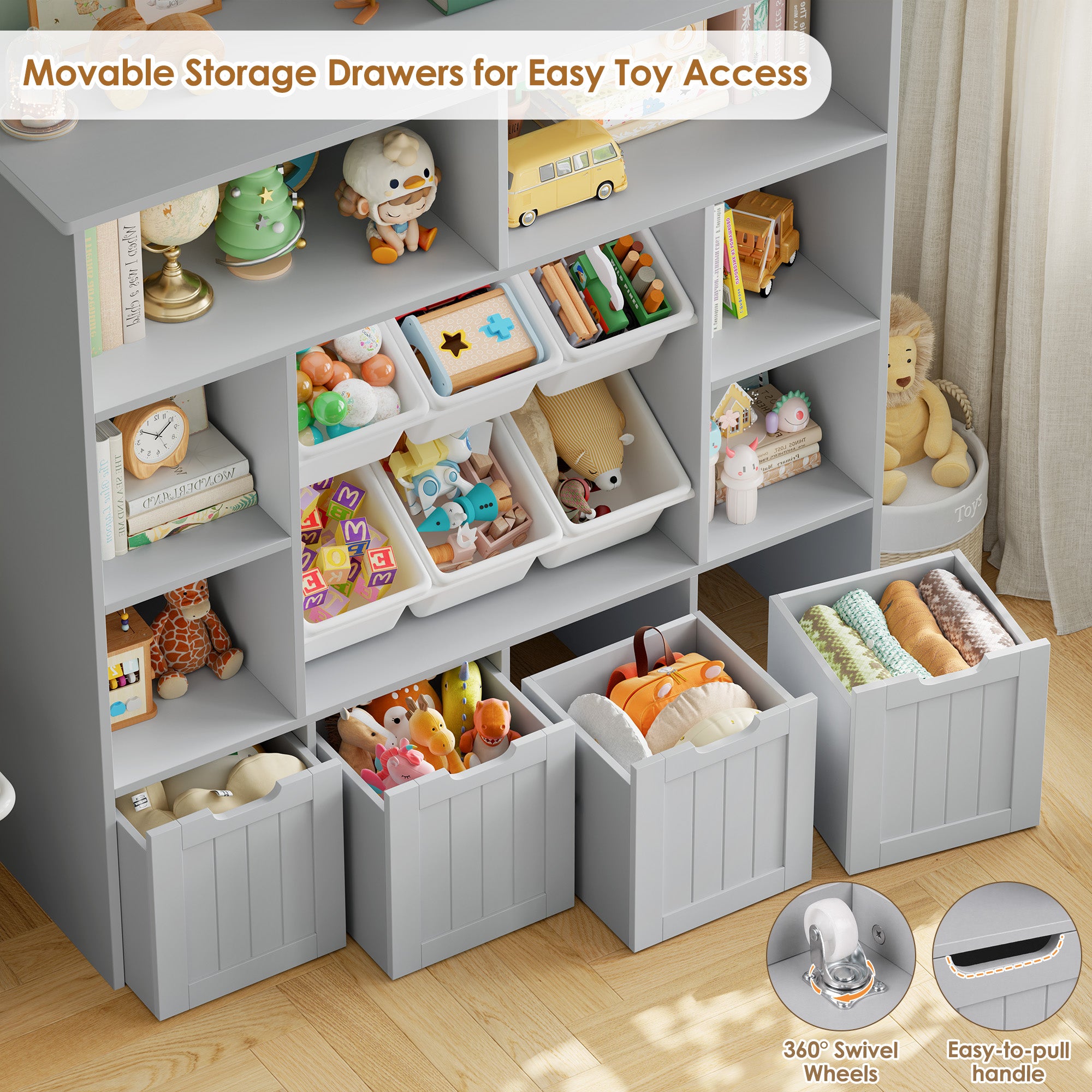 Hiphuta 49" Wide 4-Tier Toy Storage Organizer, Wood Kid Bookcase with 6 Boxes & 4 Removable Drawers, Bookshelf for Kids' Room, Classroom, Gray + White Boxes