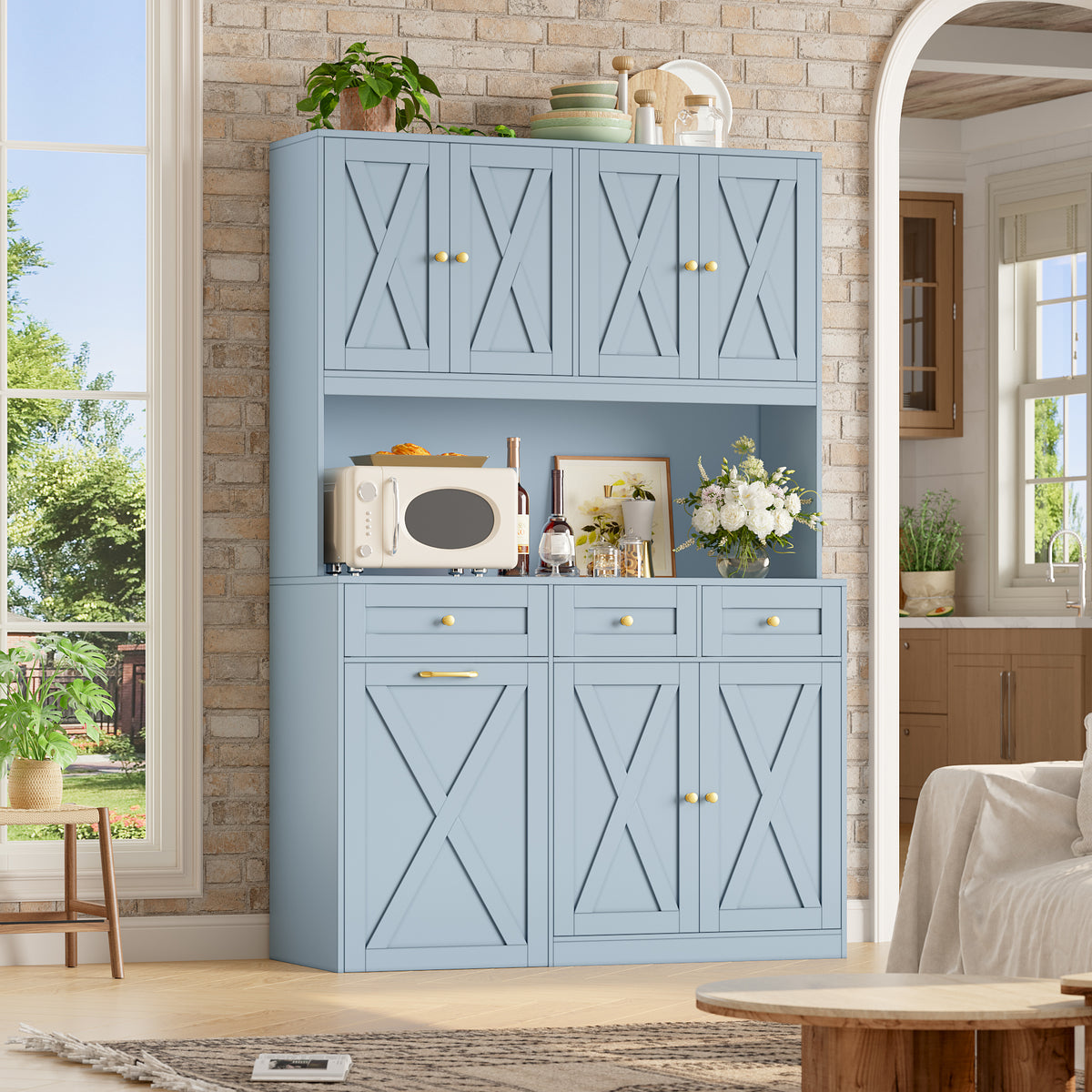 Hiphuta 73” Tall Kitchen Pantry Cabinet Fits 13 Gallon Trash Can Cabinet, Farmhouse Kitchen Storage Hutch with Pull Out Trash Can Storage for Dining Room Living Room, Light Blue