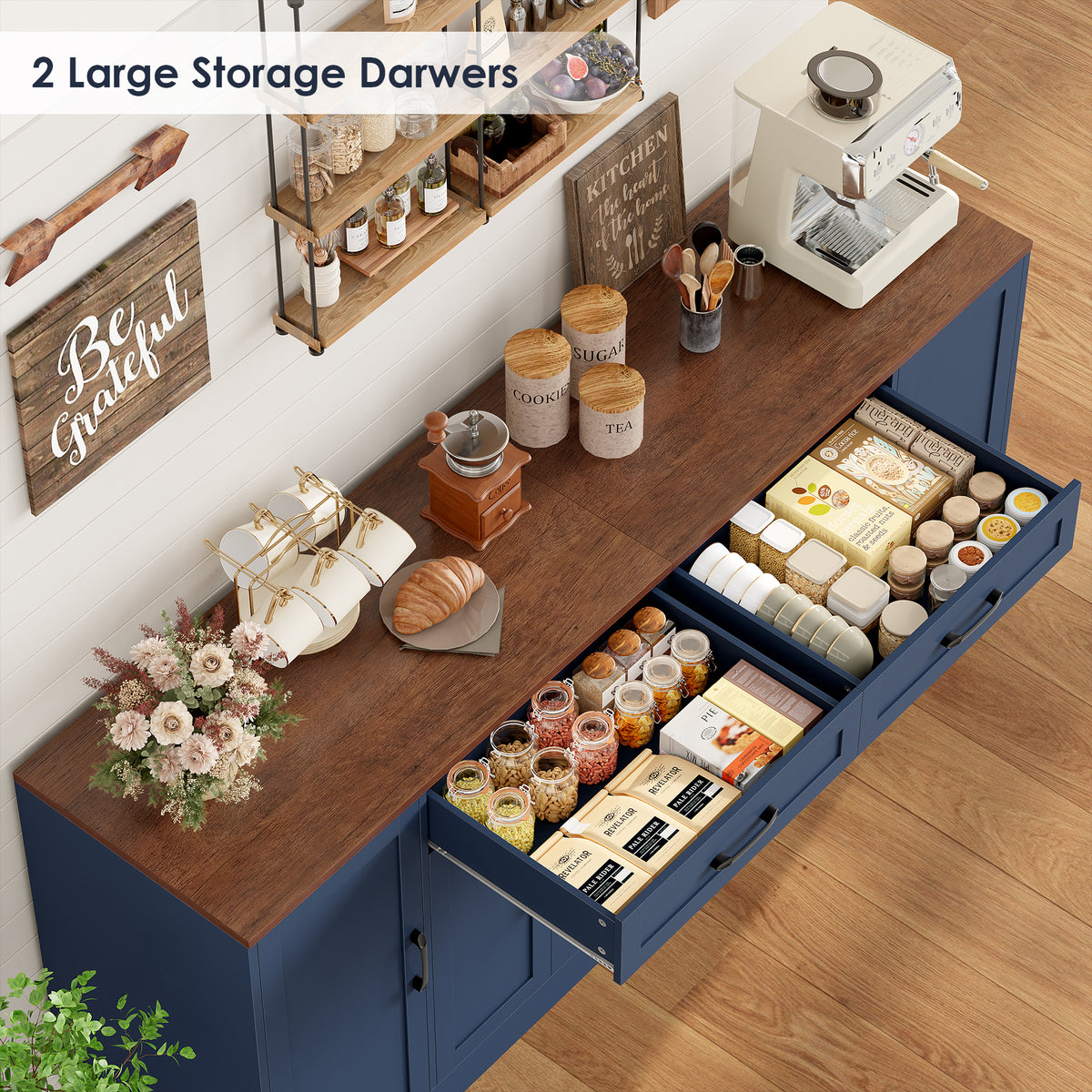 Hiphuta 70.8"W Large Buffet Cabinet with 6 Doors, Modern Farmhouse Sideboard with 2 Drawers, Coffee Bar for Kitchen Dining Room Living Room, Blue