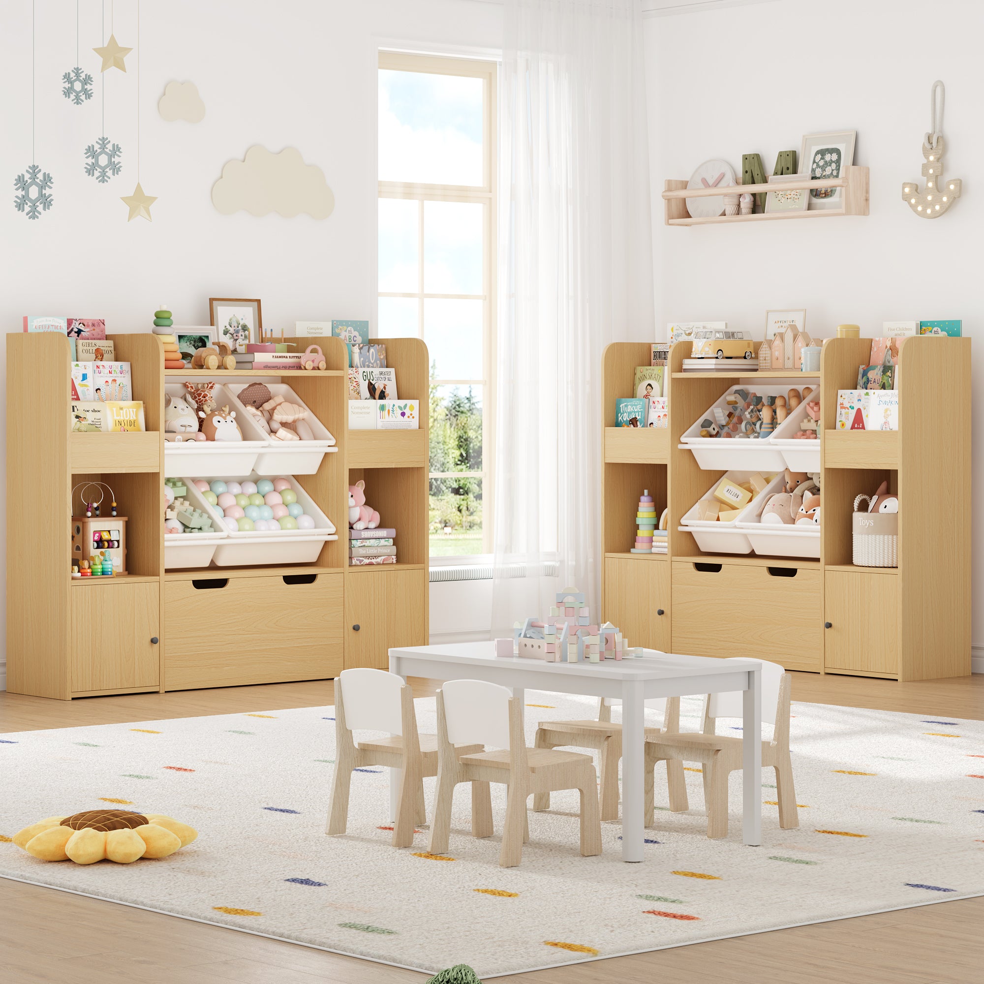 Hiphuta Kid Storage Toy Organizer, Wood Toy Storage Organizer with 4 Toy Boxes, Kids Bookcase with Book Rack, Natural