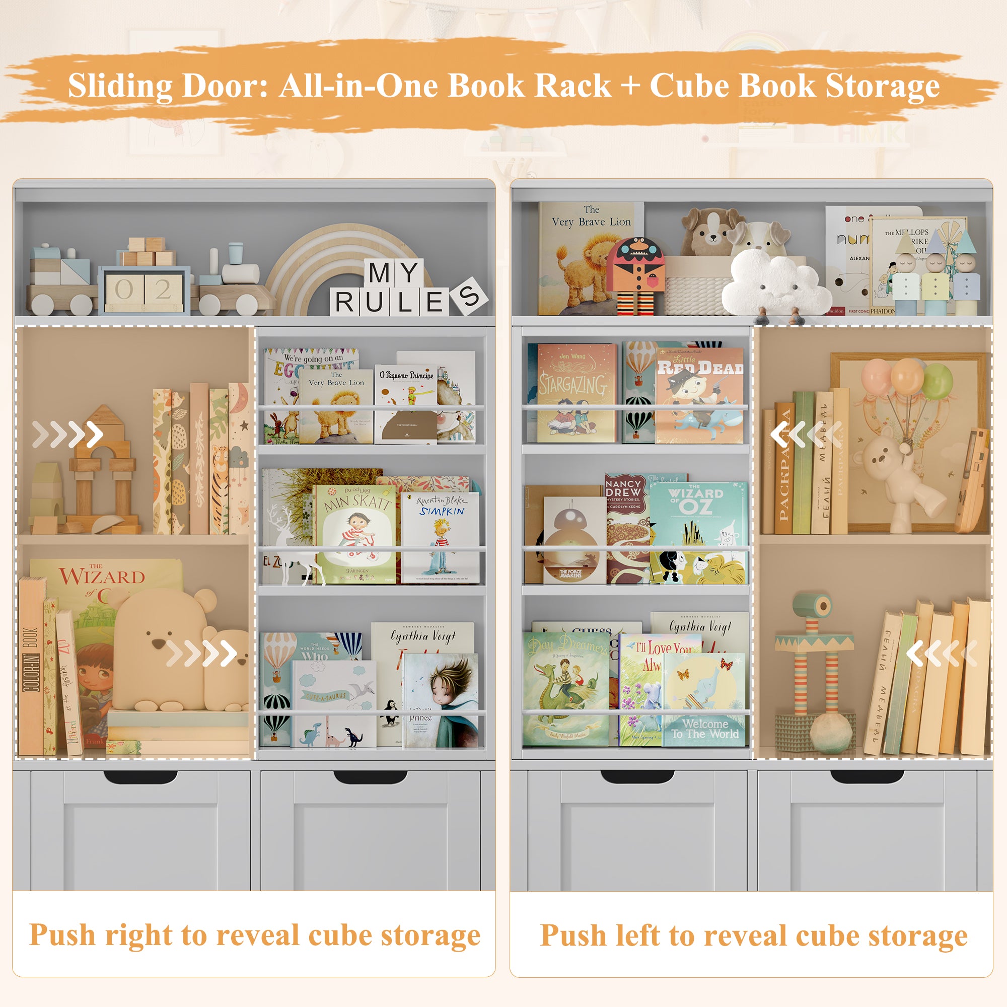 Hiphuta Kid Toy Storage with Bookshelf, Kid Toy Organizer with 4 Removable Drawers, Kid Bookcases with Toy Box for Kid Bedroom Playroom, Gray