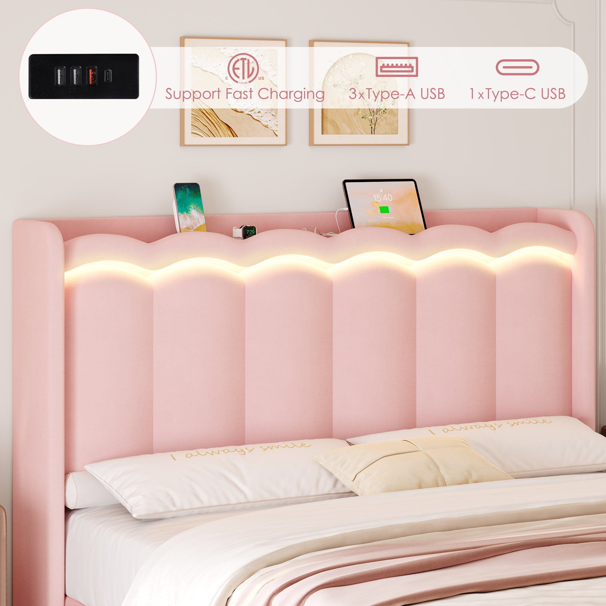 Hiphuta Queen Size Bed with Power Outlet & LED, Upholstered Velvet Beds with Drawer, Queen Beds with Headboard Storage, Pink