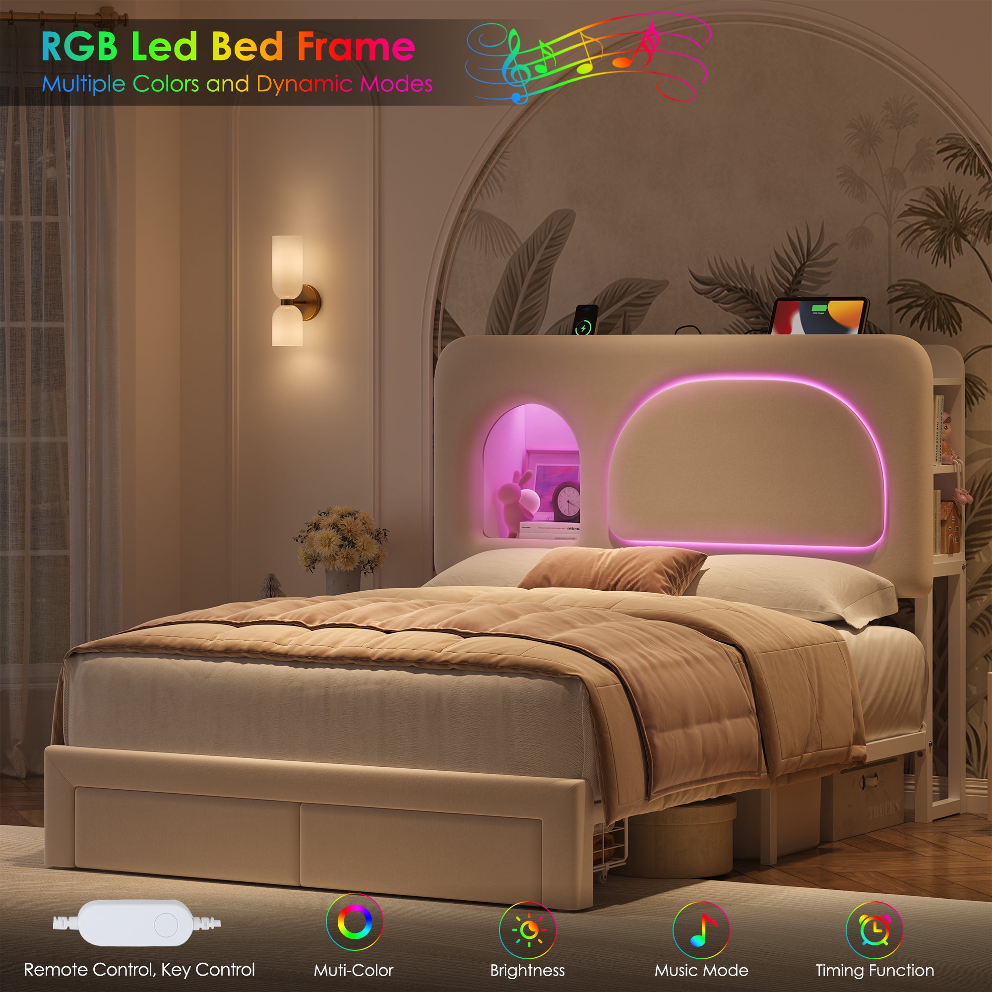 Hiphuta Queen Size Bed Frame with RGB LED and Power Outlets, Velvet Upholstered Platform Bed with Drawers and Side Storage, White