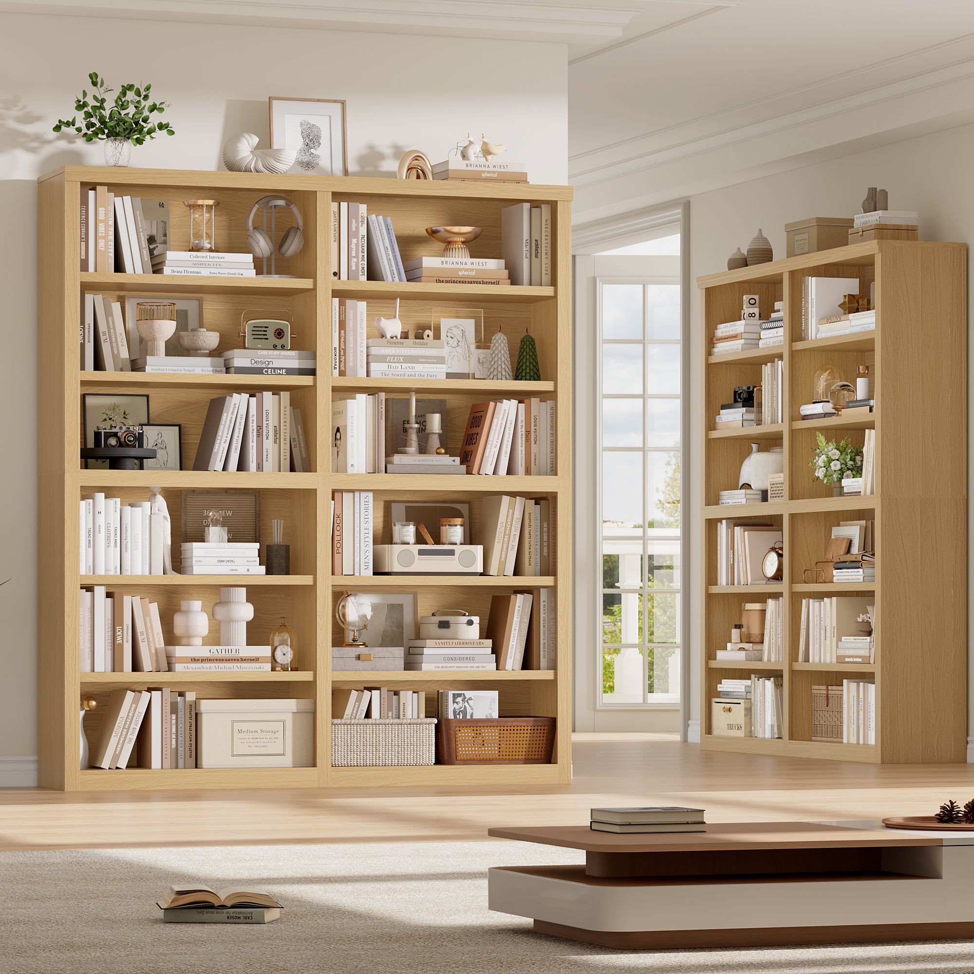 Hiphuta 63"W Extra Large and Sturdy Bookcase, Double Wide 6-Tier Bookshelf, Tall Bookcase for Home Office and Living Room, Wooden Freestanding Display Shelf, Natural