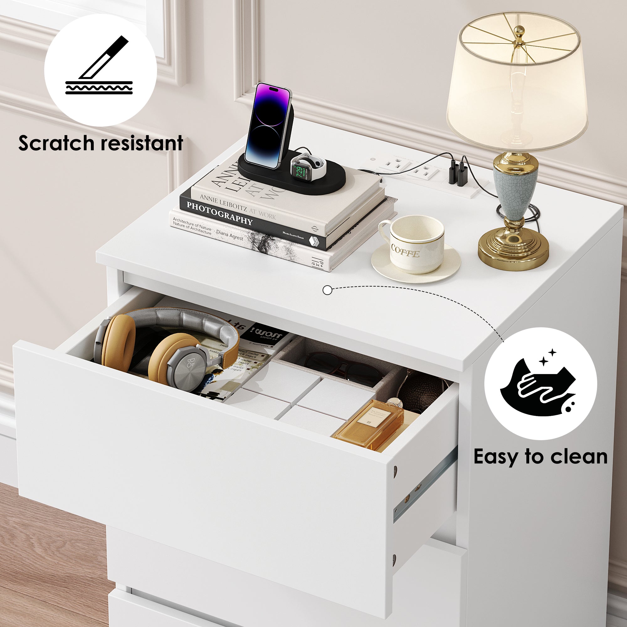 Hiphuta 3 Drawers Nightstand with 2 Outlets & 2 USB Port, Wooden Nightstand for Bedroom, White