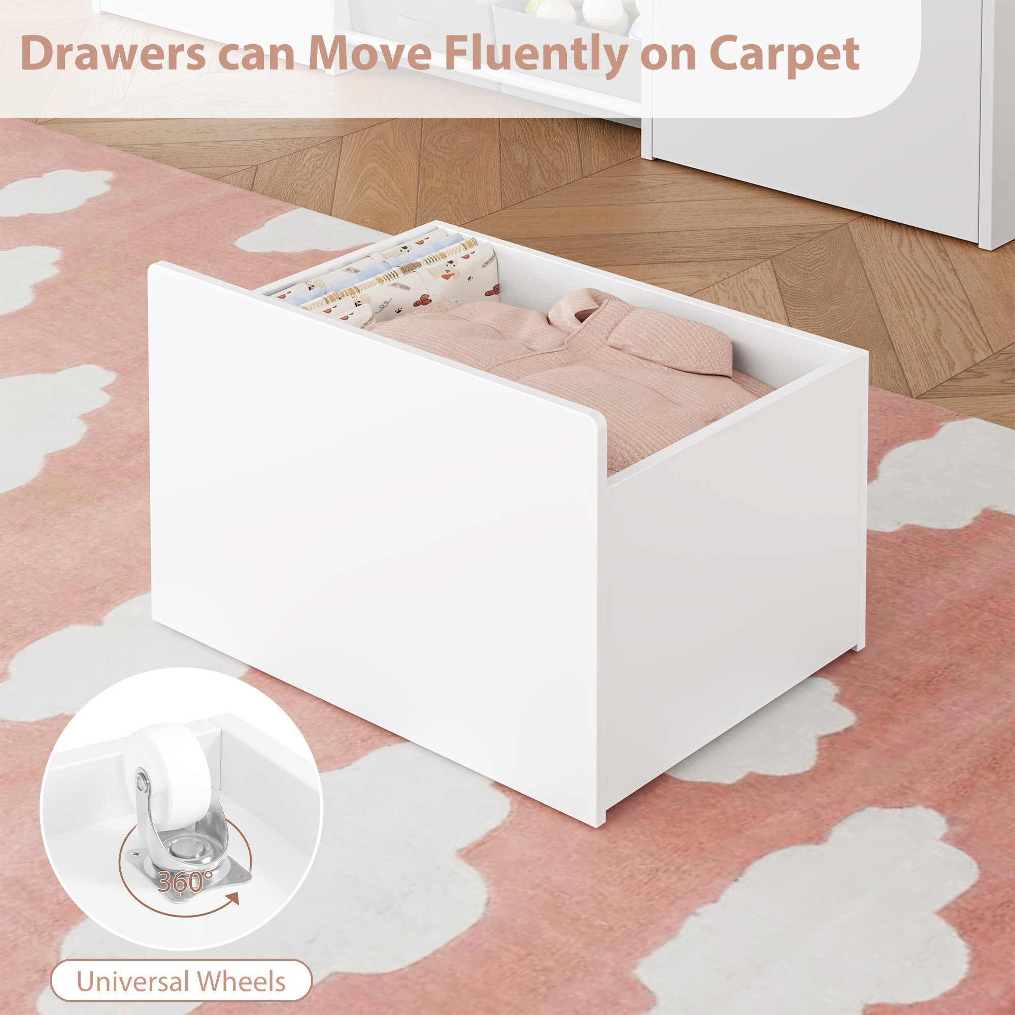 Hiphuta 62” Wide Kids Bookcase with Toy Storage Organizer, Wood Toy Organizer of 8 Fabric Boxes & 2 Removable Drawers, White