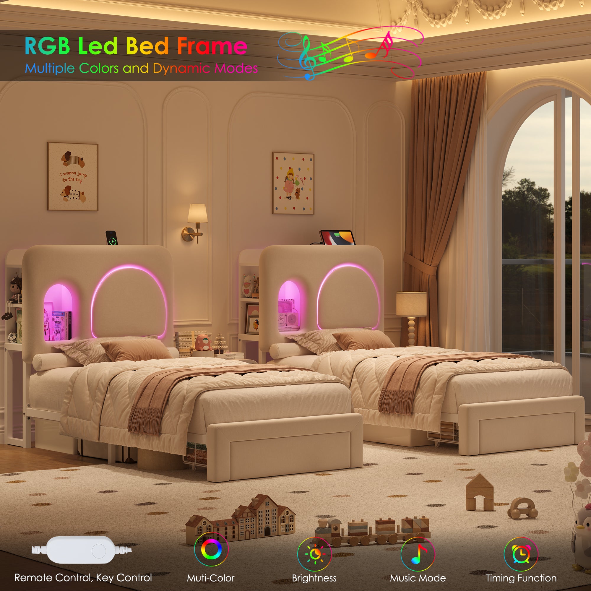 Hiphuta Twin Size Bed Frame with RGB LED and Power Outlets, Velvet Upholstered Platform Bed with Drawer and Side Storage, White