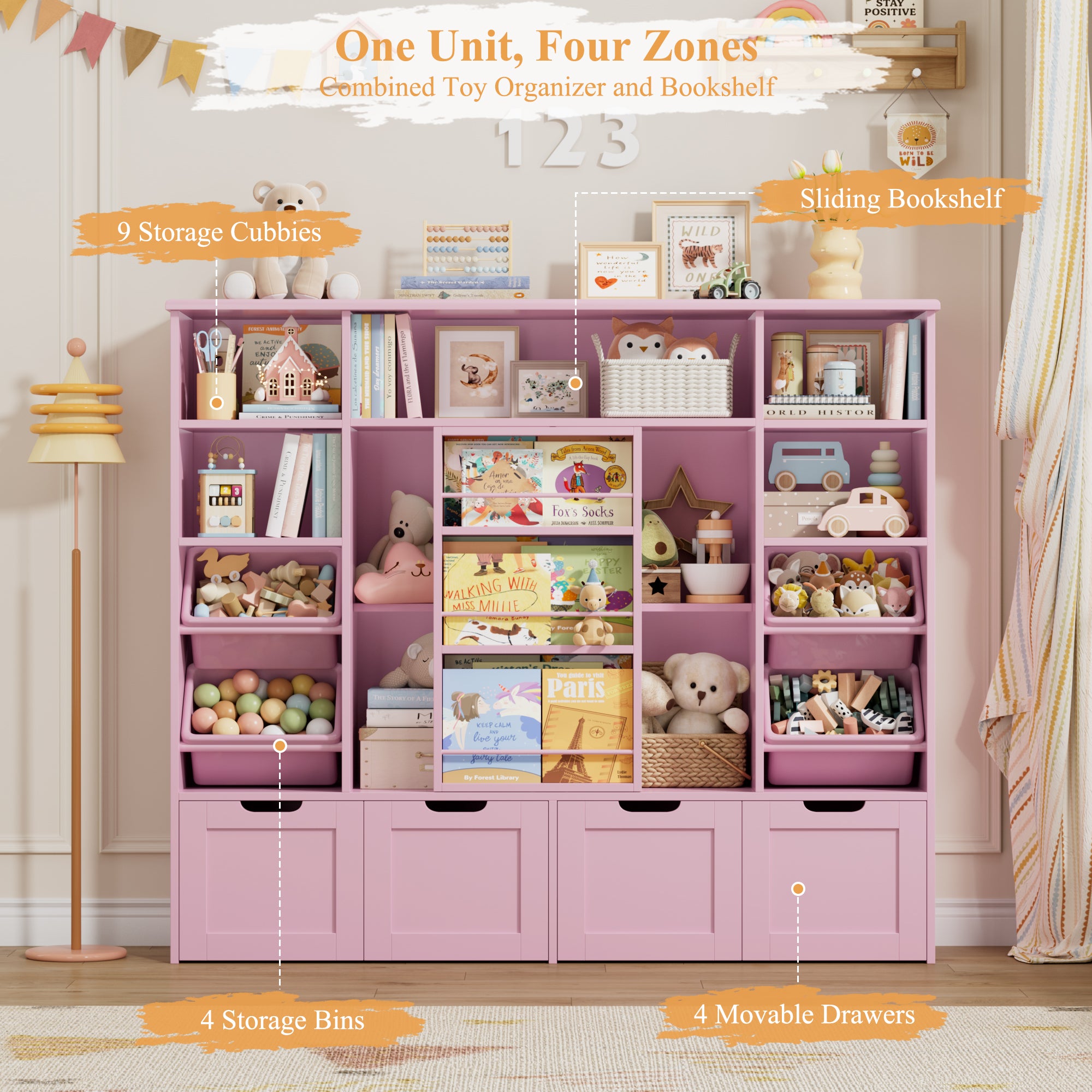 Hiphuta 55"W Kid Toy Storage Organize with Sliding Bookshelf, Kid Bookcase with 4 Removable Drawers, Toy Storage Toy Organize for Kid Bedroom Playroom, Pink
