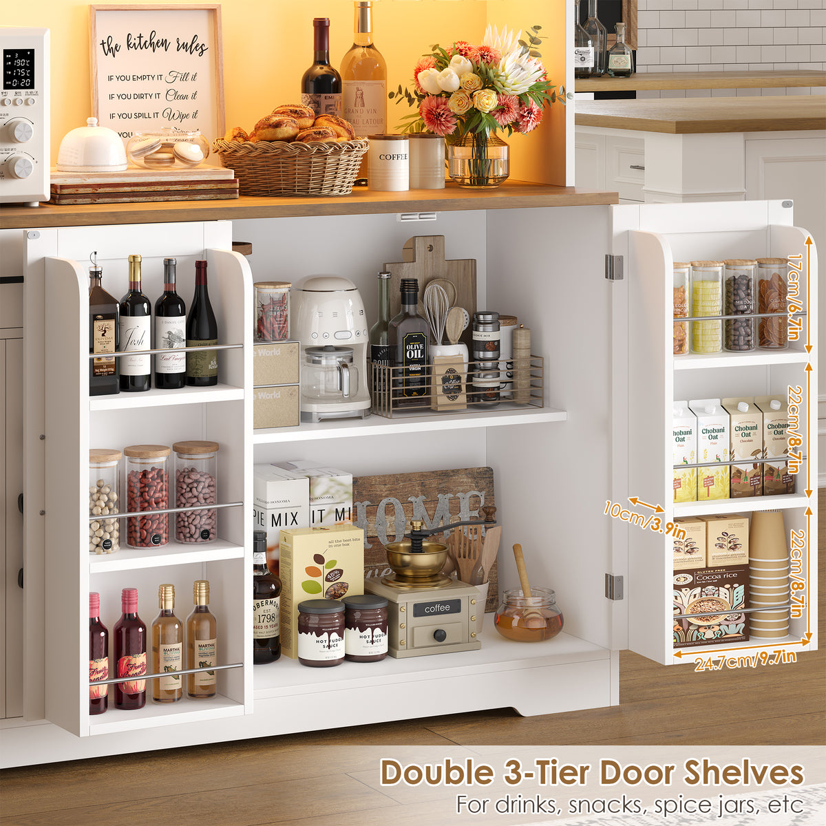 Hiphuta Large Kitchen Pantry Storage Cabinet with 8 Doors, Farmhouse Hutch Cabinet with RGB LED and Cup holders, White