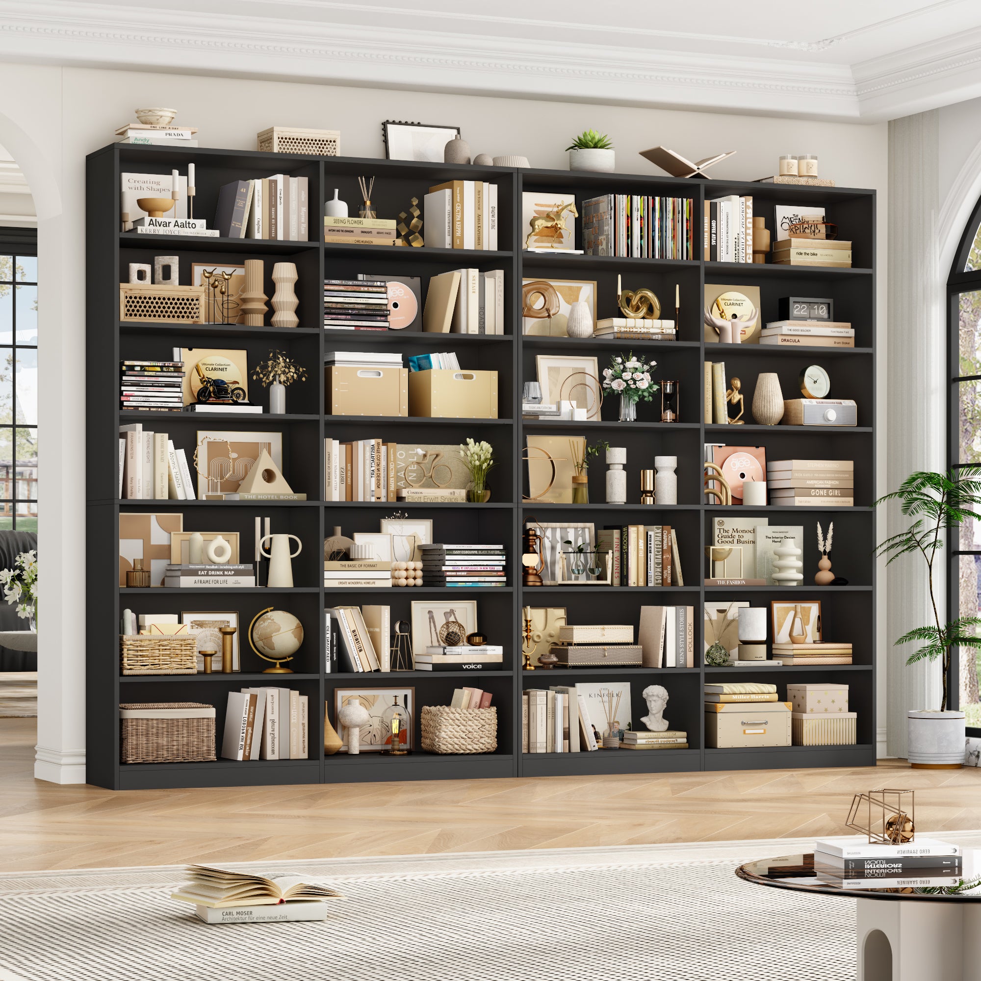 Hiphuta 84"H Wooden Double 7-Tier Tall Bookcase, Standard Bookcase for Living Room and Office, Freestanding Display Storage Shelves, Black