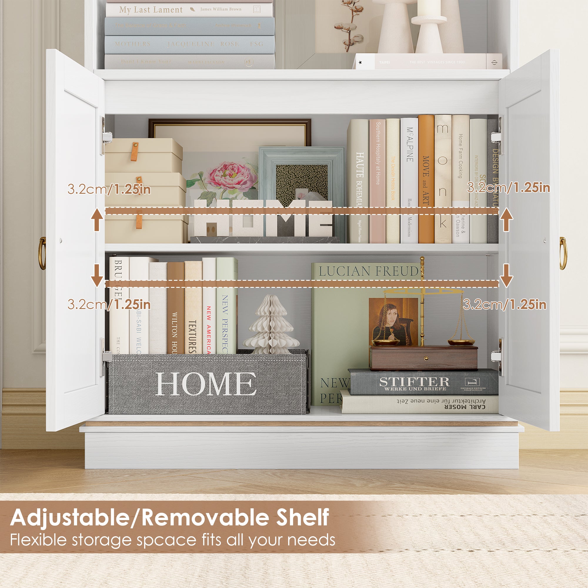 Hiphuta Bookcase with Doors, 73"Tall bookshelves with Storage, 4 Shelves Display Bookcase, 47"W Narrow Bookshelf with 2 Doors for Home Office and Living Room, White