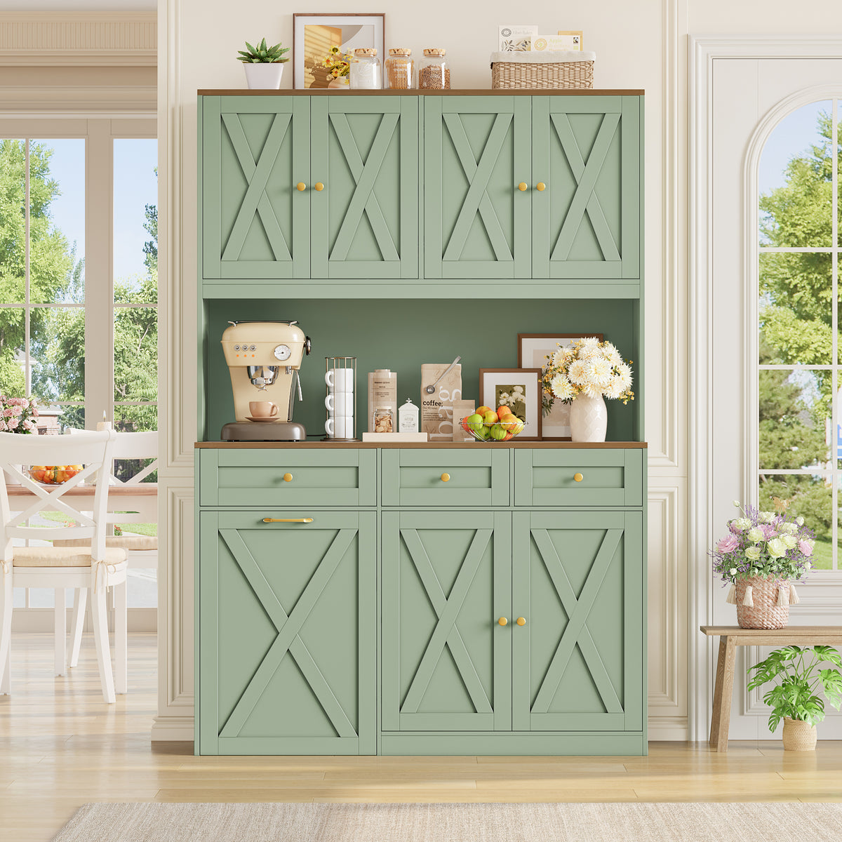 Hiphuta 73” Tall Kitchen Pantry Cabinet Fits 13 Gallon Trash Can Cabinet, Farmhouse Kitchen Storage Hutch with Pull Out Trash Can Storage for Dining Room Living Room, Green