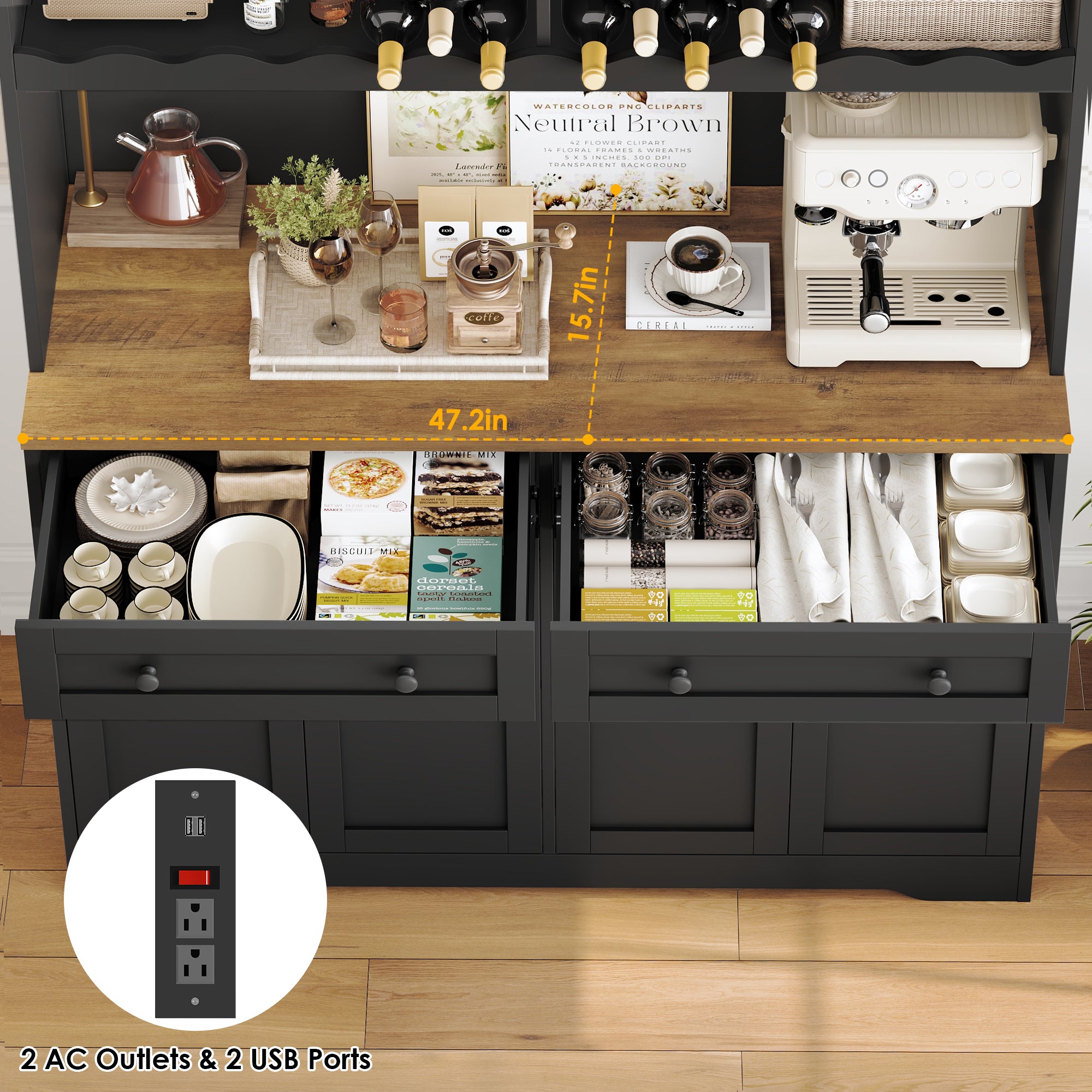 Hiphuta 75"Tall Kitchen Pantry Storage Cabinet with Power Outlet, Large Pantry Cabinet with Microwave Stand, Modern Freestanding Cupboard Hutch for Home Dinning Room, Black