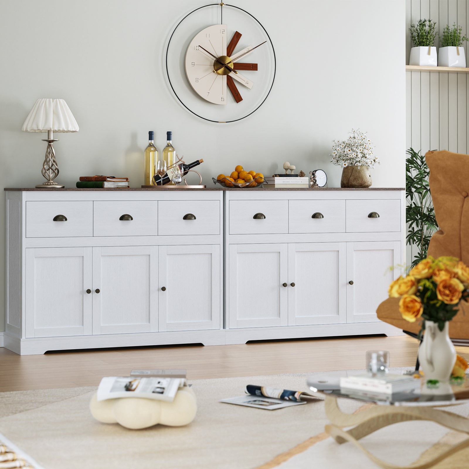 Hiphuta Sideboard Storage Cabinet with 3 Drawers & 3 Doors, 47.2 W Buffet Cabinet with Adjustable Shelves, OFF-White