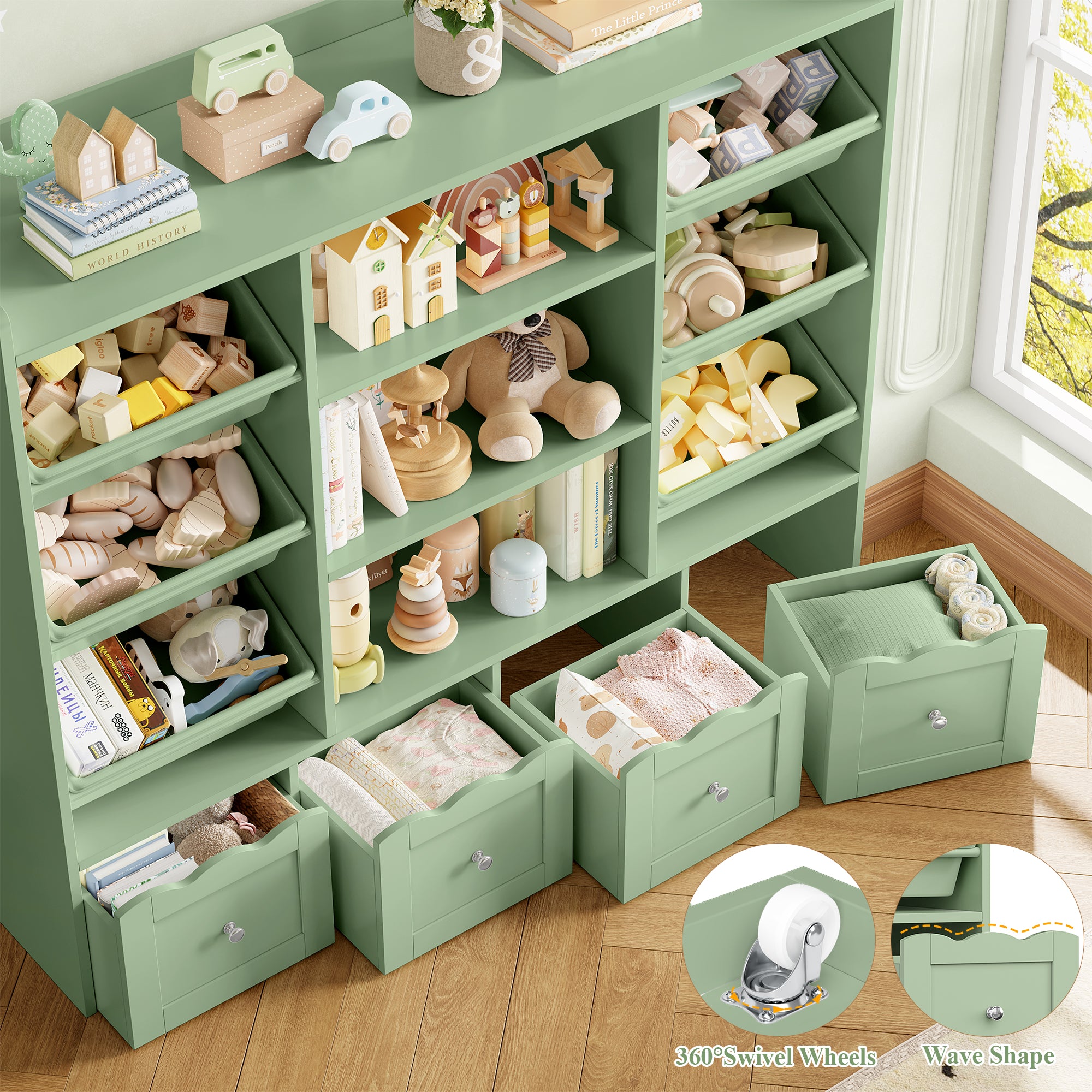 Hiphuta 55" Wide Toy Storage Organizer with 4 Removable Drawers, 4-Tier Kid Bookcase with 6 Bins, Toy Organizer with Bookcase for Kid Bedroom Playroom, Green