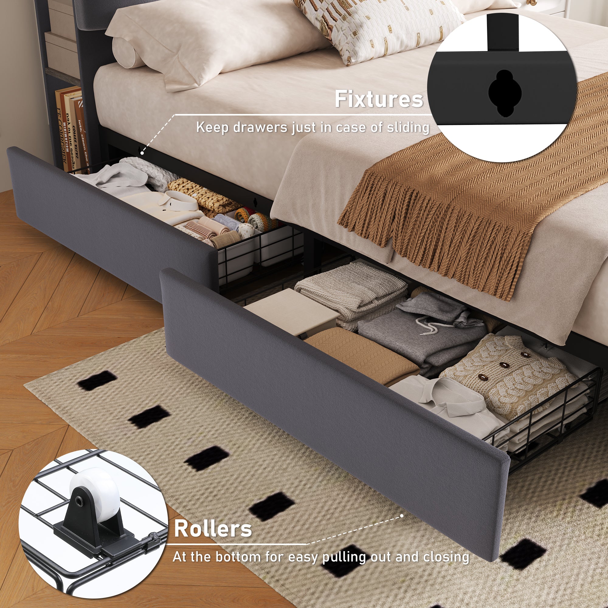 Hiphuta Queen Size Bed Frame with Upholstered Headboard, Led Bed with Storage Headboard, Gray