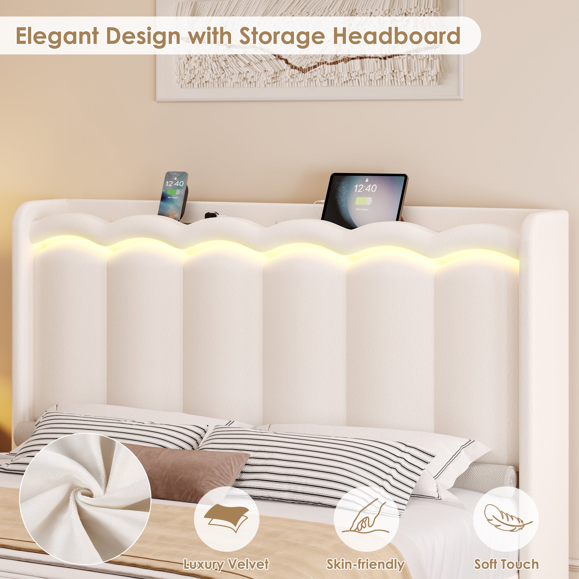 Hiphuta Queen Size Bed with Power Outlet & LED, Upholstered Velvet Beds with Drawer, Queen Beds with Headboard Storage, Beige