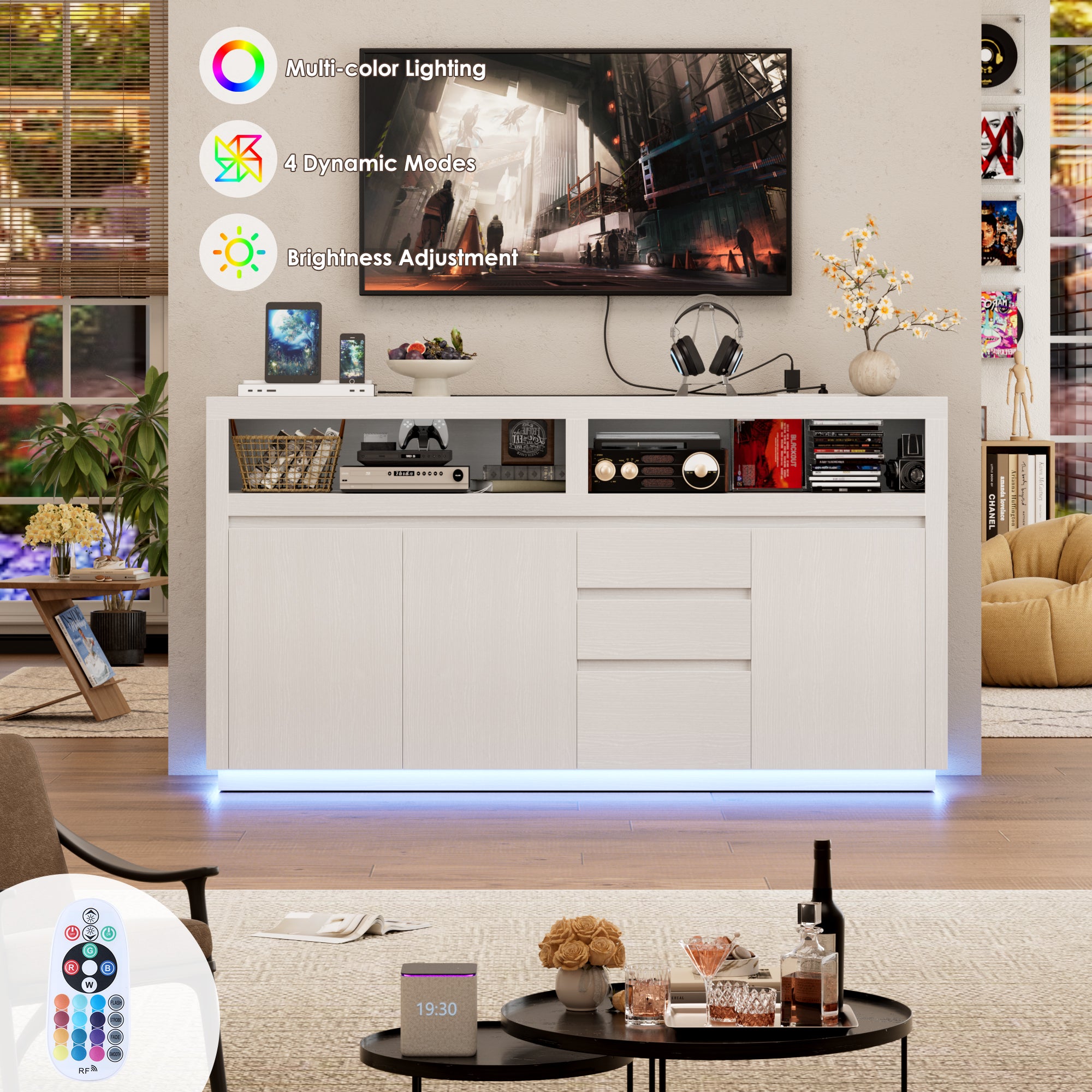 Hiphuta 63" Wide Farmhouse TV Stand Fits Up to 70 Inch TVs, Entertainment Center with RGB LED Lights, Wood Grain Media Console with Charging Station, White