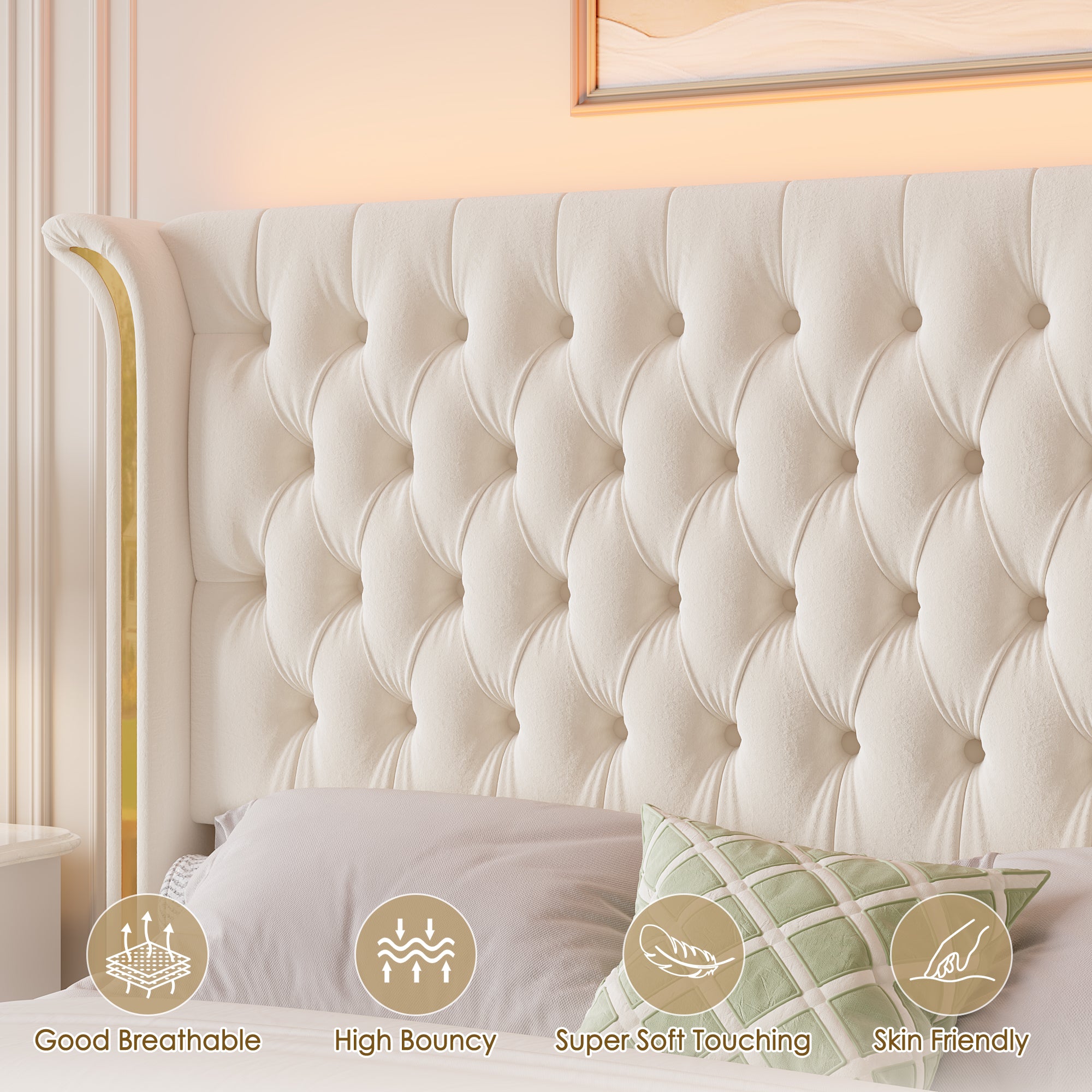Hiphuta Queen Bed with LED Light, Cama Queen Platform Bed with Button Tufted Velvet Upholstered Headboard, White