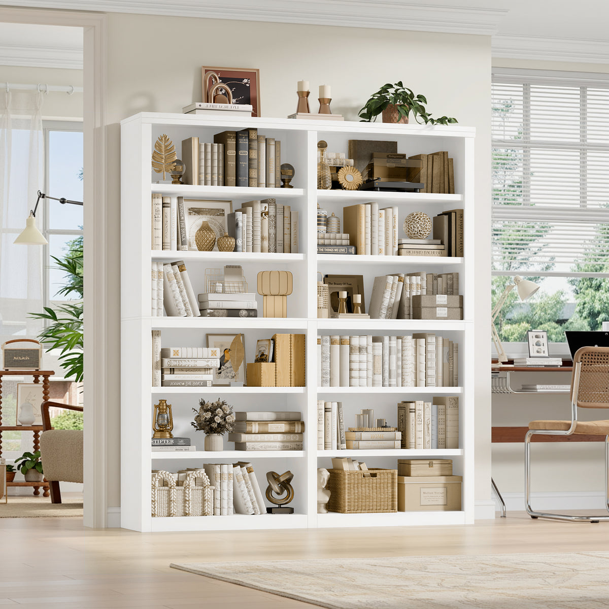 Hiphuta 63"W Extra Large and Sturdy Bookcase, Double Wide 6-Tier Bookshelf, For Home Office and Living Room, Wooden Freestanding Display Shelf, White