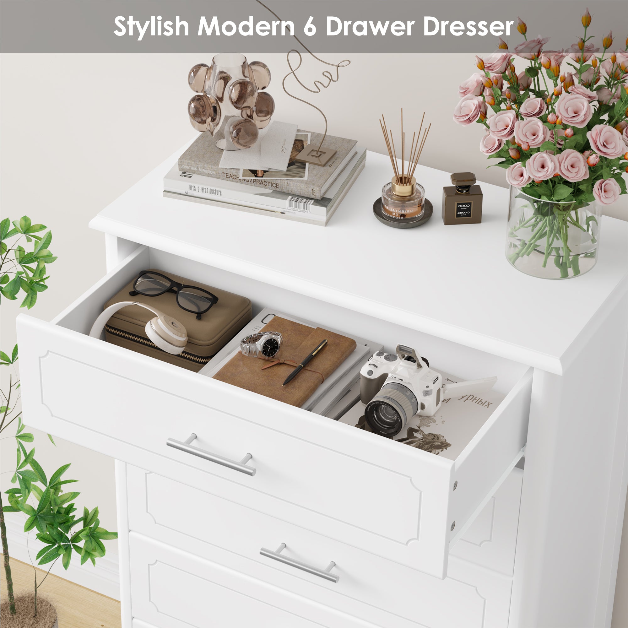 6 Drawers Dresser for Bedroom, Modern Chest of Drawers with Metal Easy Pull Handle, White