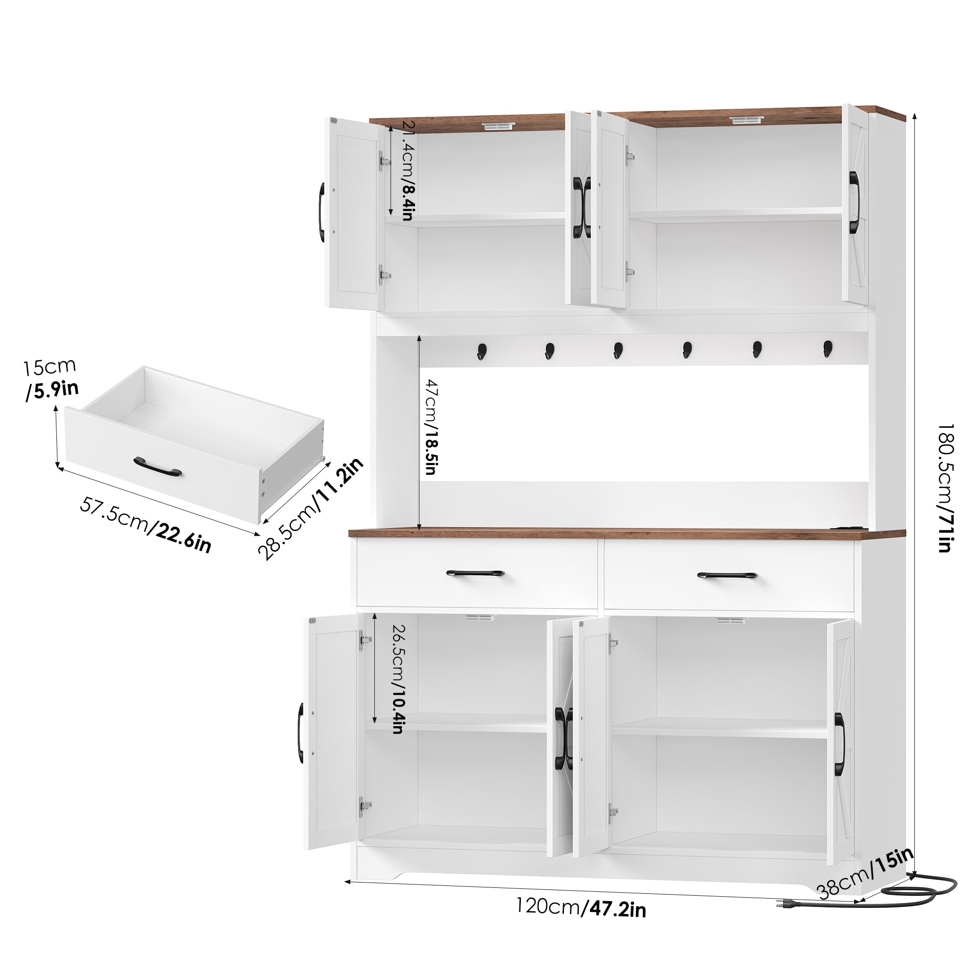 Hiphuta 71" Tall Kitchen Pantry Storage Cabinet with RGB LED and 6 Metal Hooks, Farmhouse Coffee Bar Cabinet with Charging Station, Buffet with Hutch and Microwave Stand, White