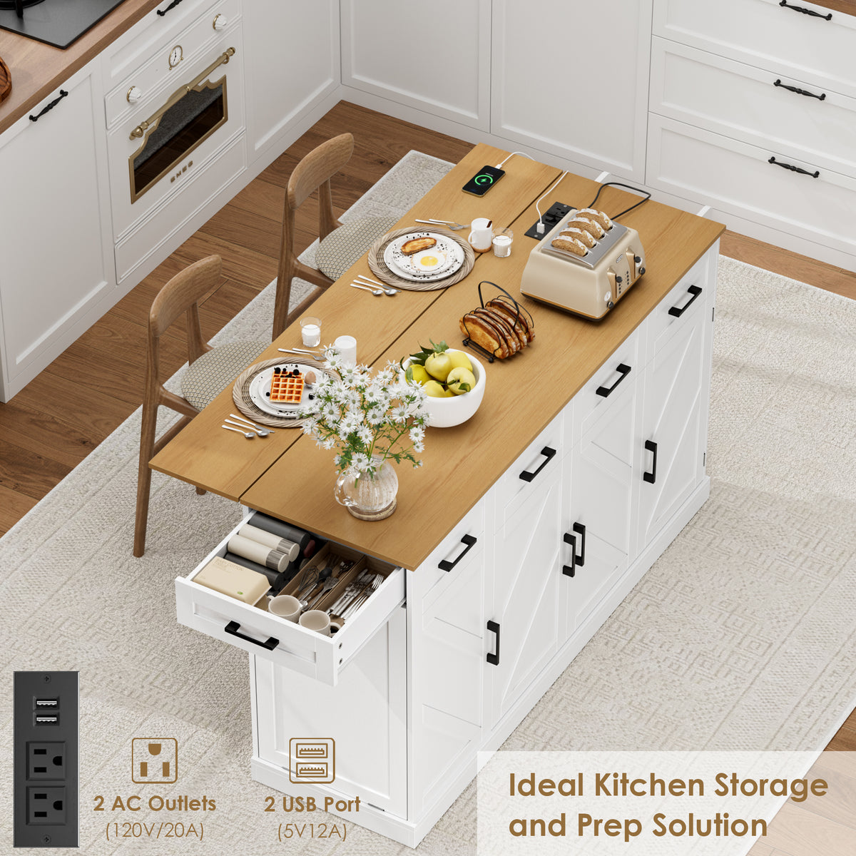 Hiphuta 55"W Kitchen Island Cart with Storage, Rolling Island Table with Trash Can, Adjustable Shelves and 4 Drawers, Movable Buffet Cabinet for Dining room, White