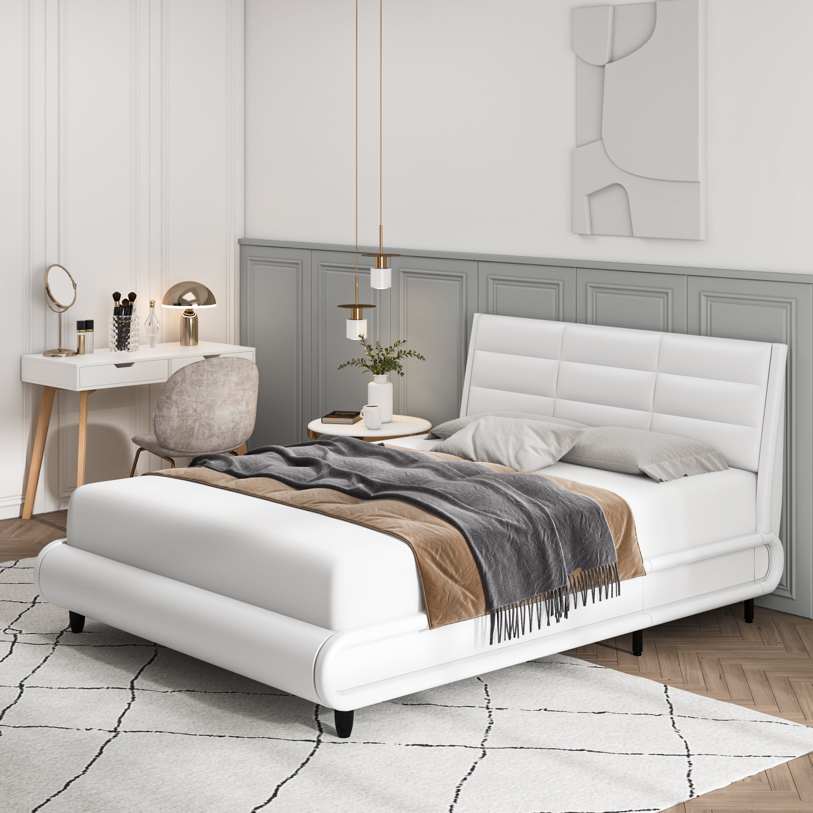 Hiphuta Queen Size Platform Sturdy Bed Frame with Side LED Light & Adjustable Headboard, PU Upholstered White