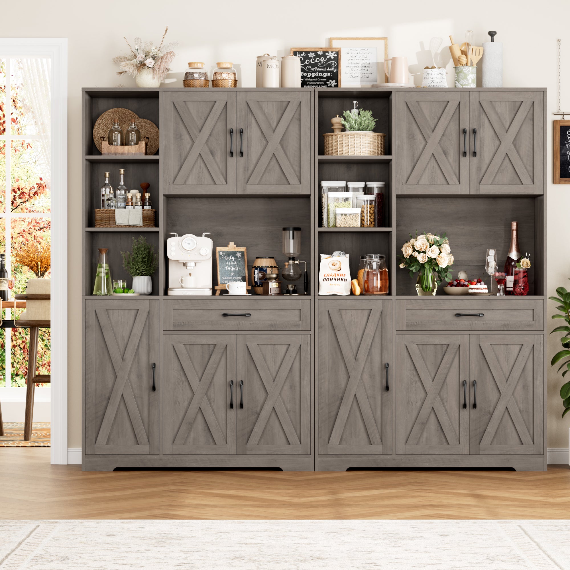 Hiphuta 71" Farmhouse Kitchen Pantry Storage Cabinet, Freestanding Hutch with Doors, Shelves & Microwave Stand, Cupboard for Dining Room, Ash Gray