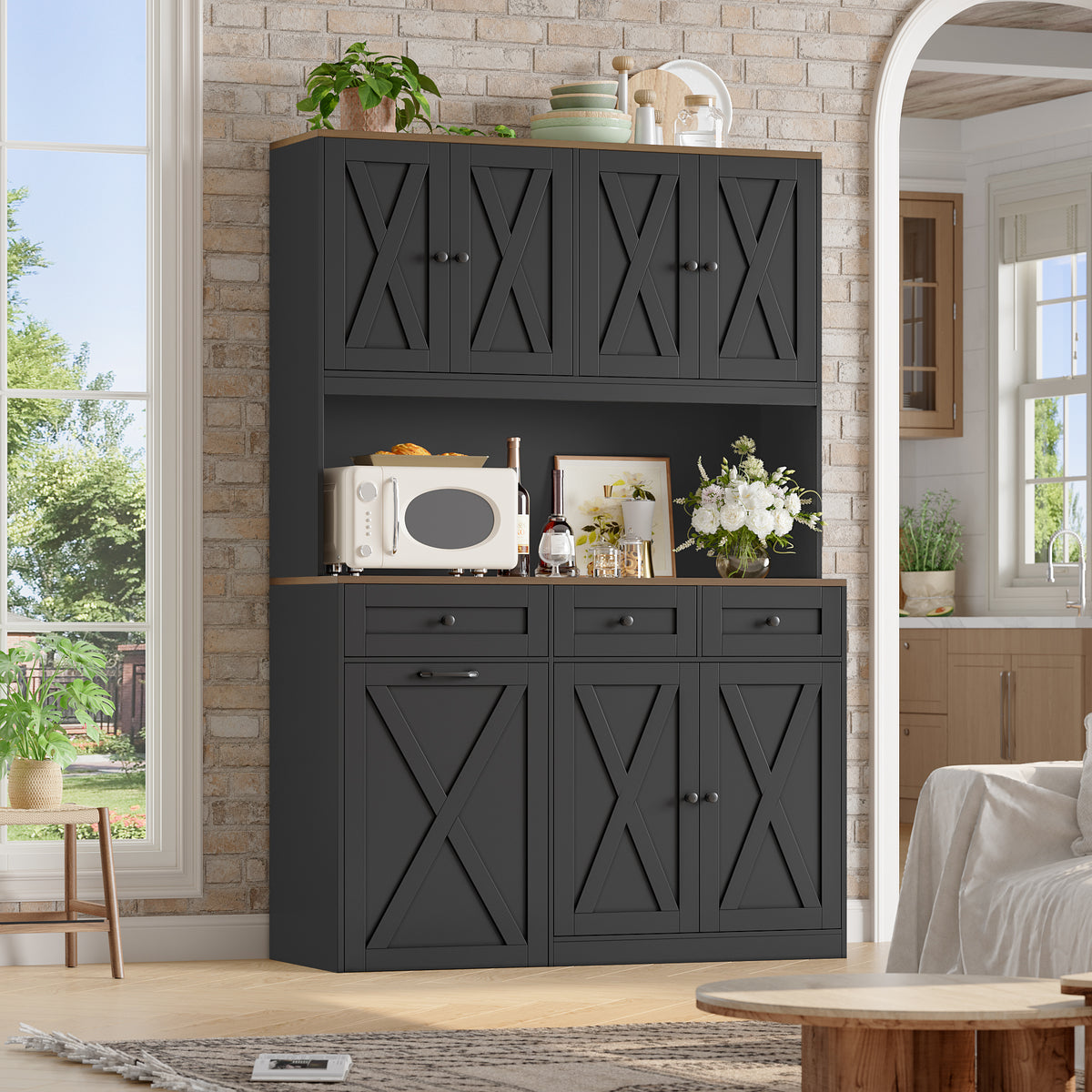 Hiphuta 73” Tall Kitchen Pantry Cabinet Fits 13 Gallon Trash Can Cabinet, Farmhouse Kitchen Storage Hutch with Pull Out Trash Can Storage for Dining Room Living Room, Black