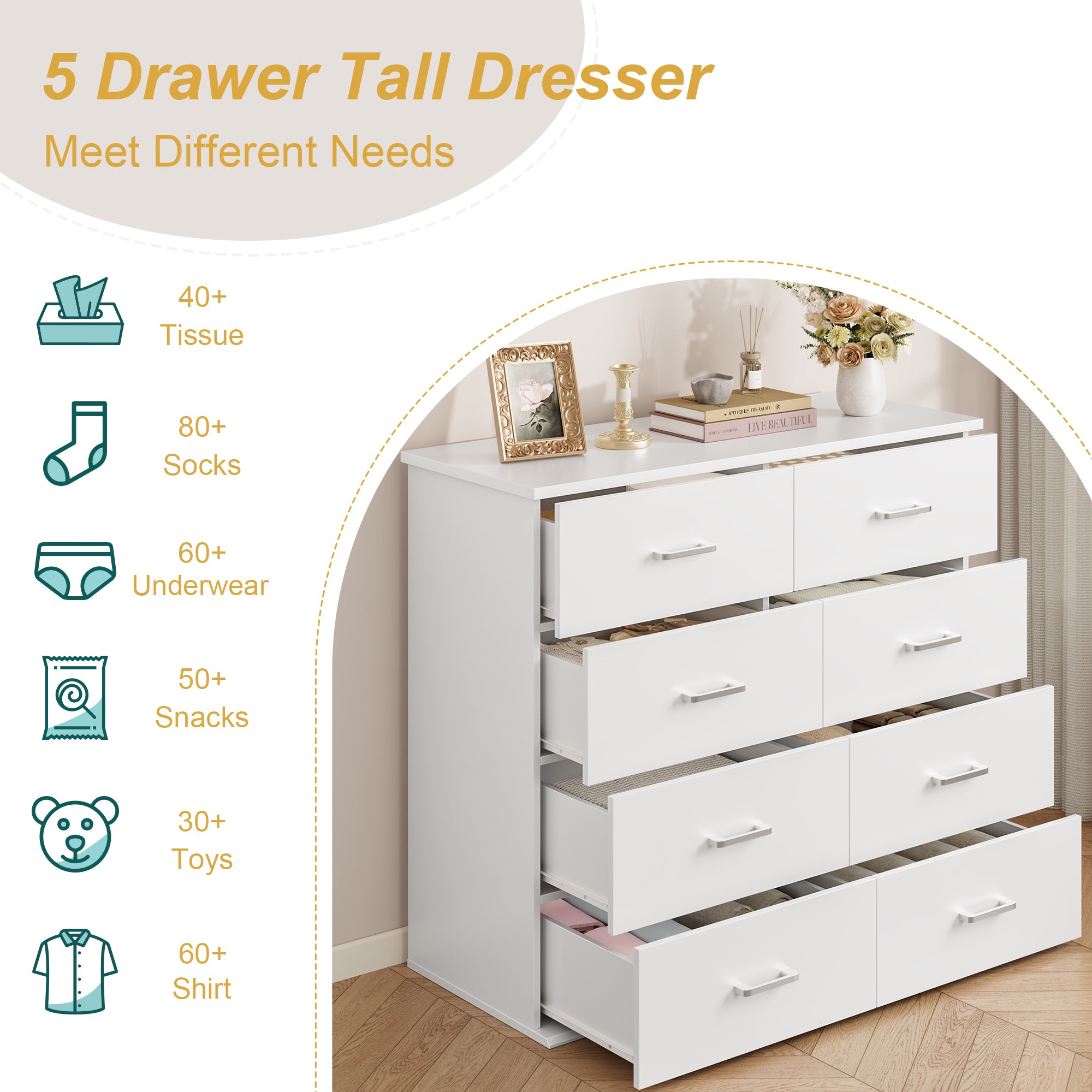 Hiphuta Modern 8 Drawer Dresser for Bedroom with Metal Handle, Large Double Dresser Organizer, Wood Chest of Drawers, White