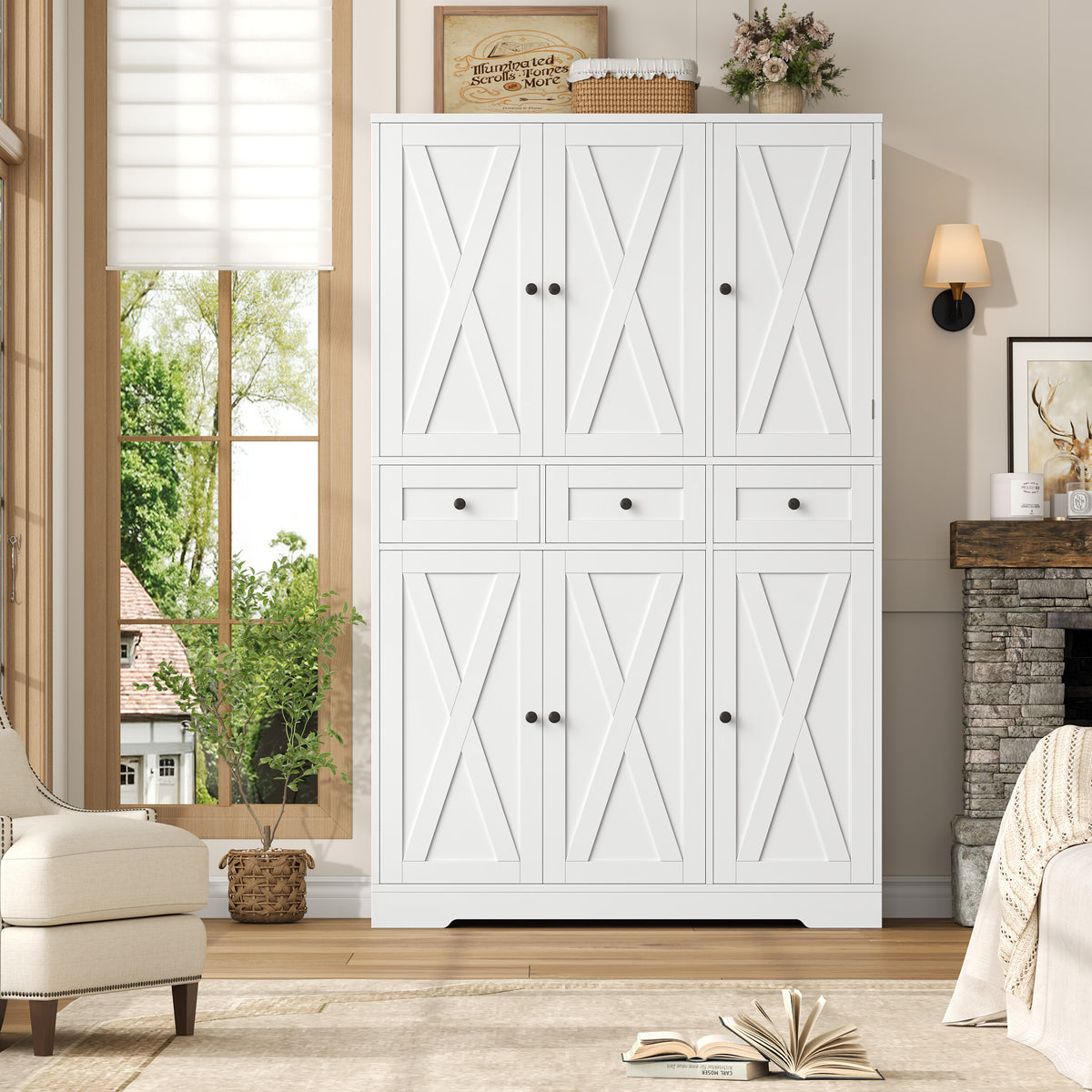 Hiphuta Farmhouse Kitchen Pantry Cabinet with Doors, Large Pantry Stroage Cabinet for Kitchen Dining Room, White