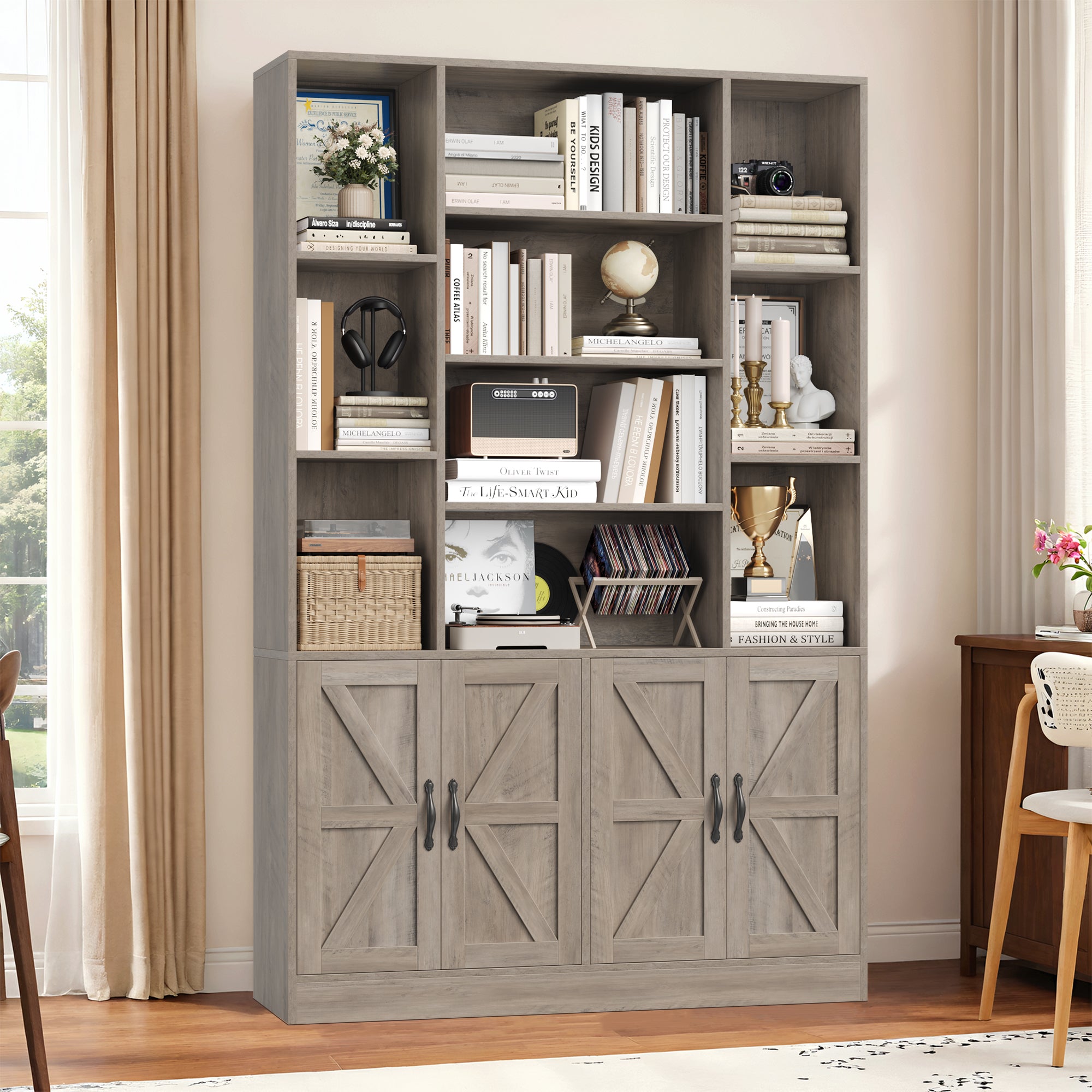 Hiphuta 74.8" Tall Bookcases with 2 Double Door Cabinet, Wooden Storage Bookshelf for Living Room Home Office, Ash Gray