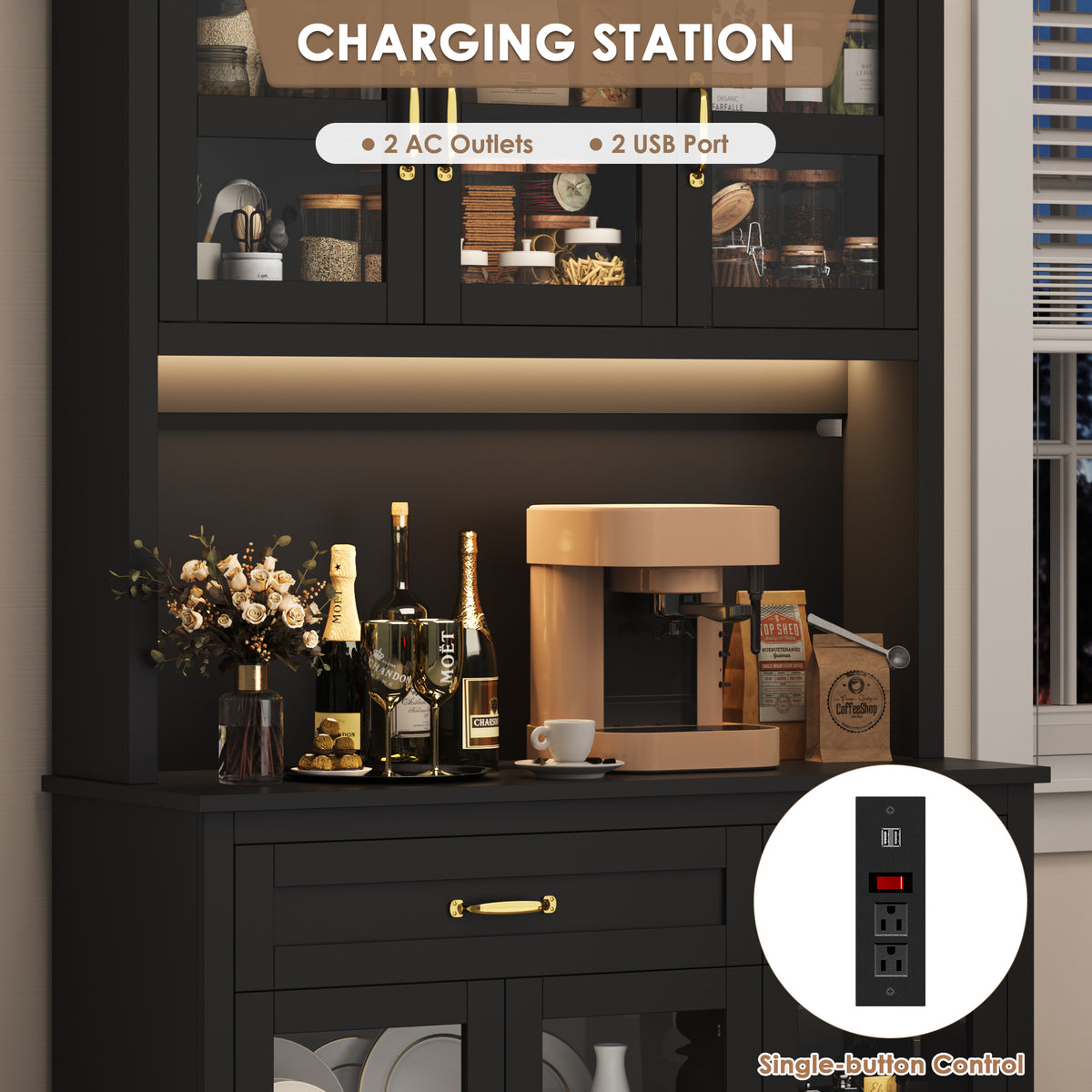 Hiphuta 71" Pantry Cabinet with Charging Station, Kitchen Pantry Storage Cabinet with Microwave Stand & Wine Rack, Food Pantry Cabinet with Countertop for Dining Room, Black