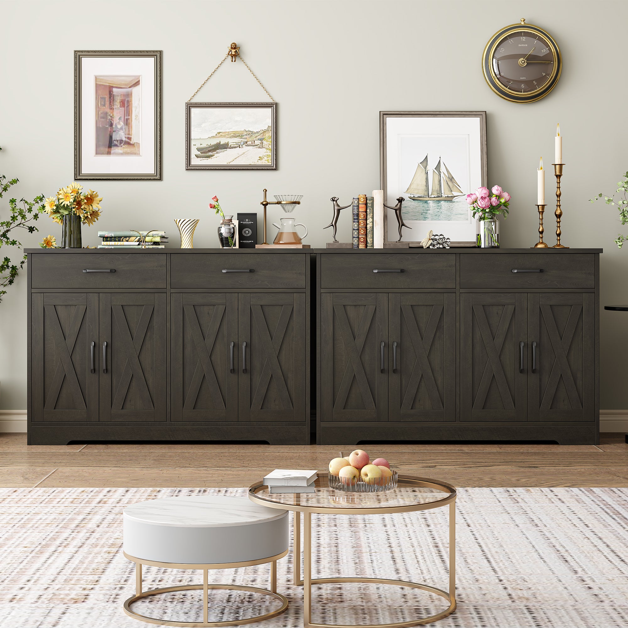 Hiphuta 47" Farmhouse Sideboard Storage Cabinets with 4 Doors & 2 Drawers, Cabinet for Living Room, Dark Brown