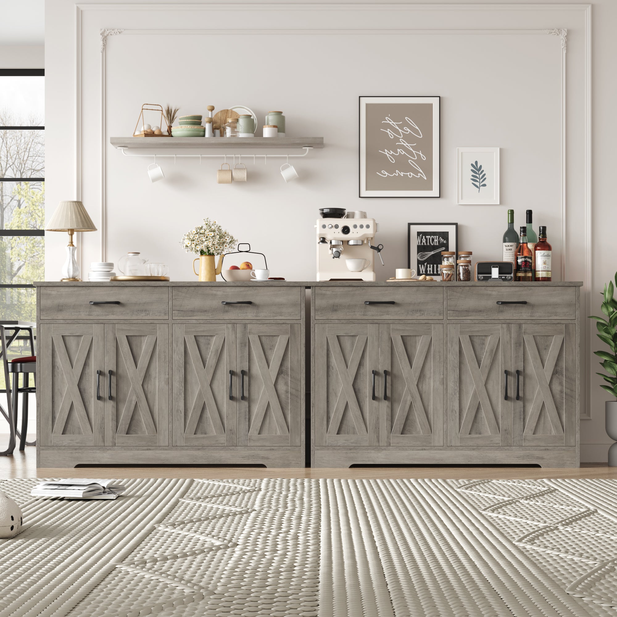 Hiphuta 47" Farmhouse Sideboard Storage Cabinets with 4 Doors & 2 Drawers, Cabinet for Living Room, Ash Gray