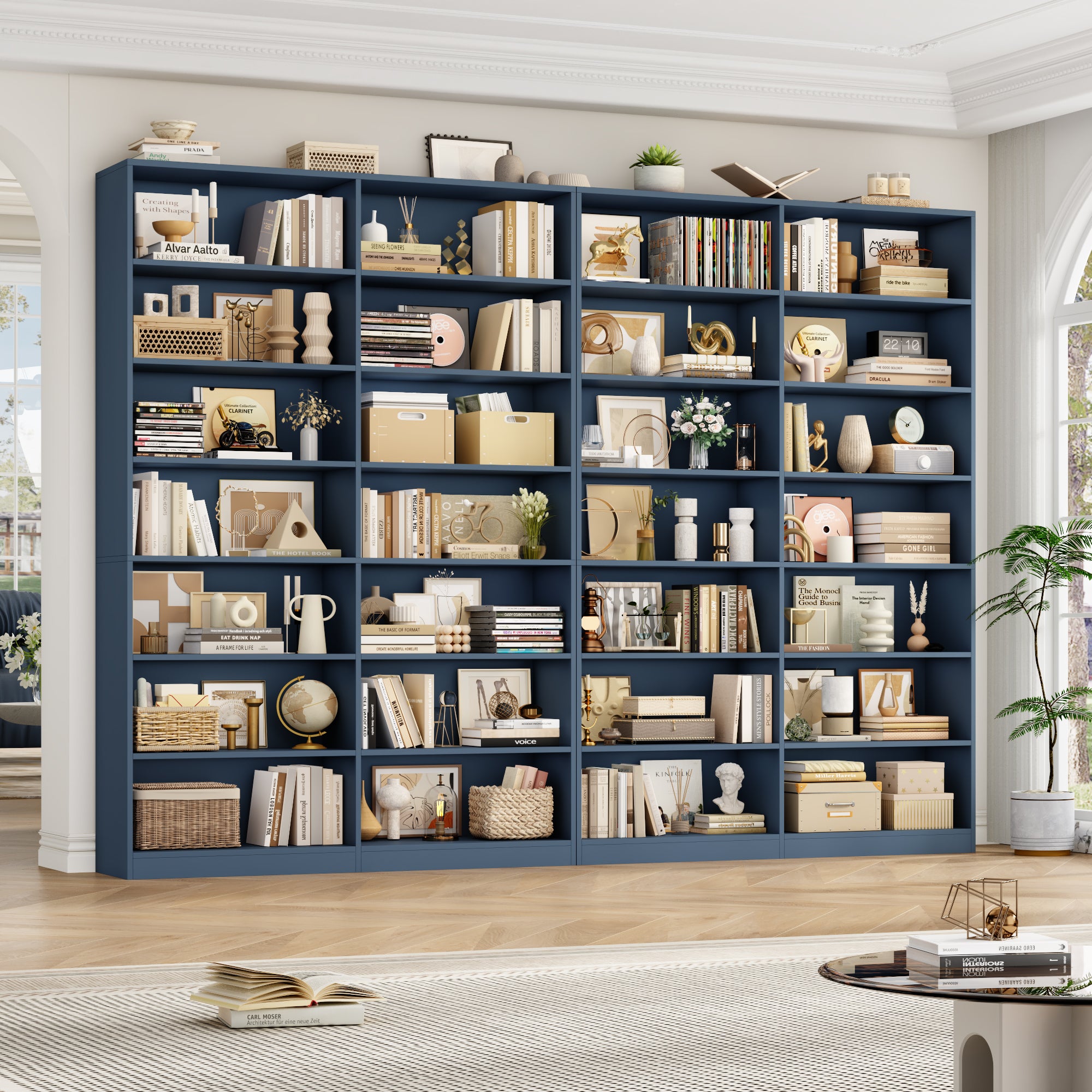 Hiphuta 84"H Wooden Double 7-Tier Tall Bookcase, Standard Bookcase for Living Room and Office, Freestanding Display Storage Shelves, Blue