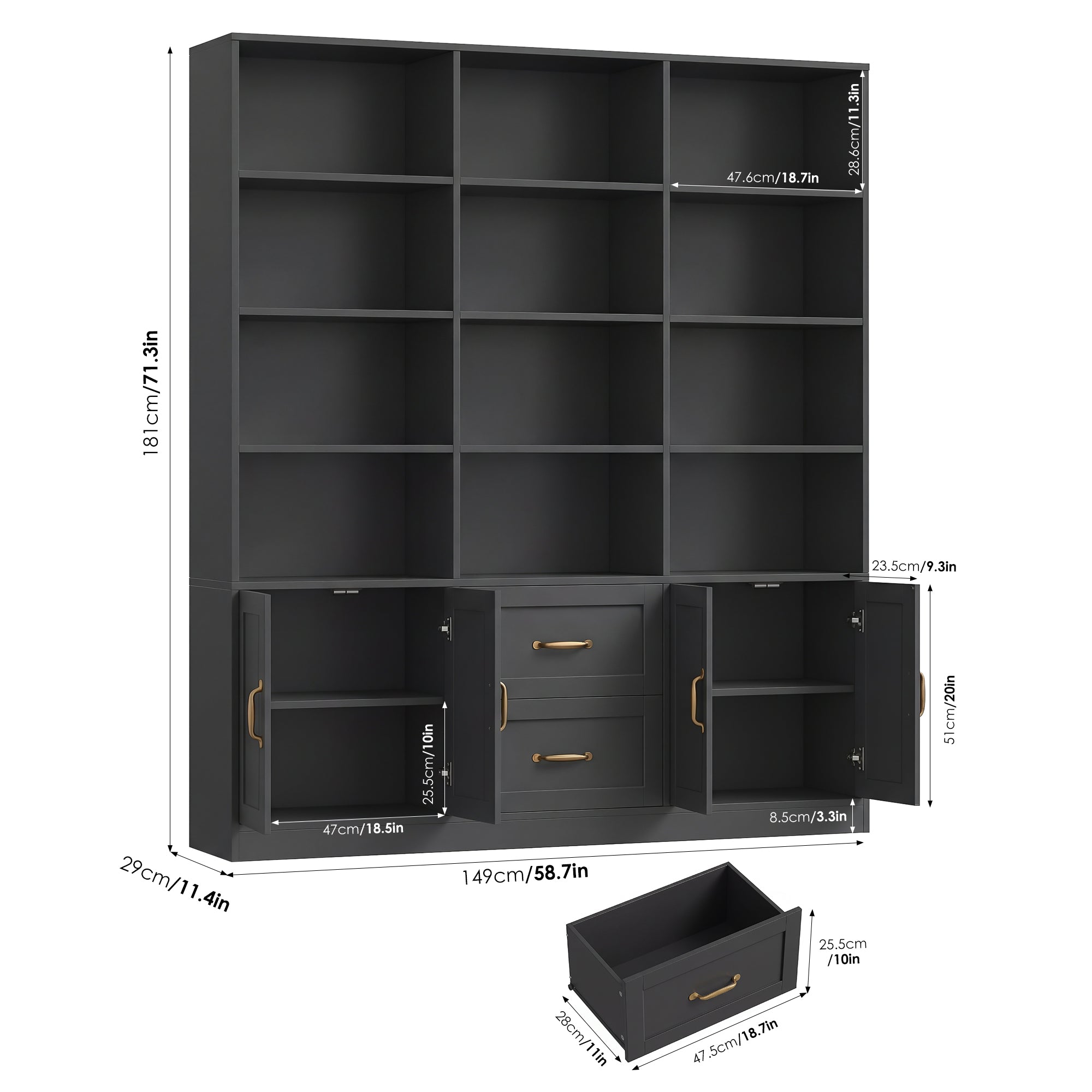 Hiphuta Triple Row 4-tier Bookcase, Large Bookcase with 4 Doors and 2 Drawers, Modern Minimalist Bookcase for Office Living Room, Black