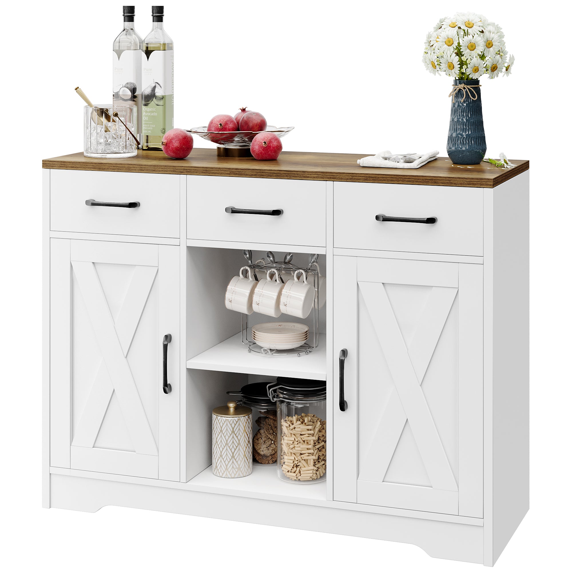 Hiphuta 41.7” Wide Farmhouse Buffet Sideboard, Wooden Credenza with 2-Tier Adjustable Shelves & 3 Drawers, Floor Cabinet Cupboard for Kitchen, White