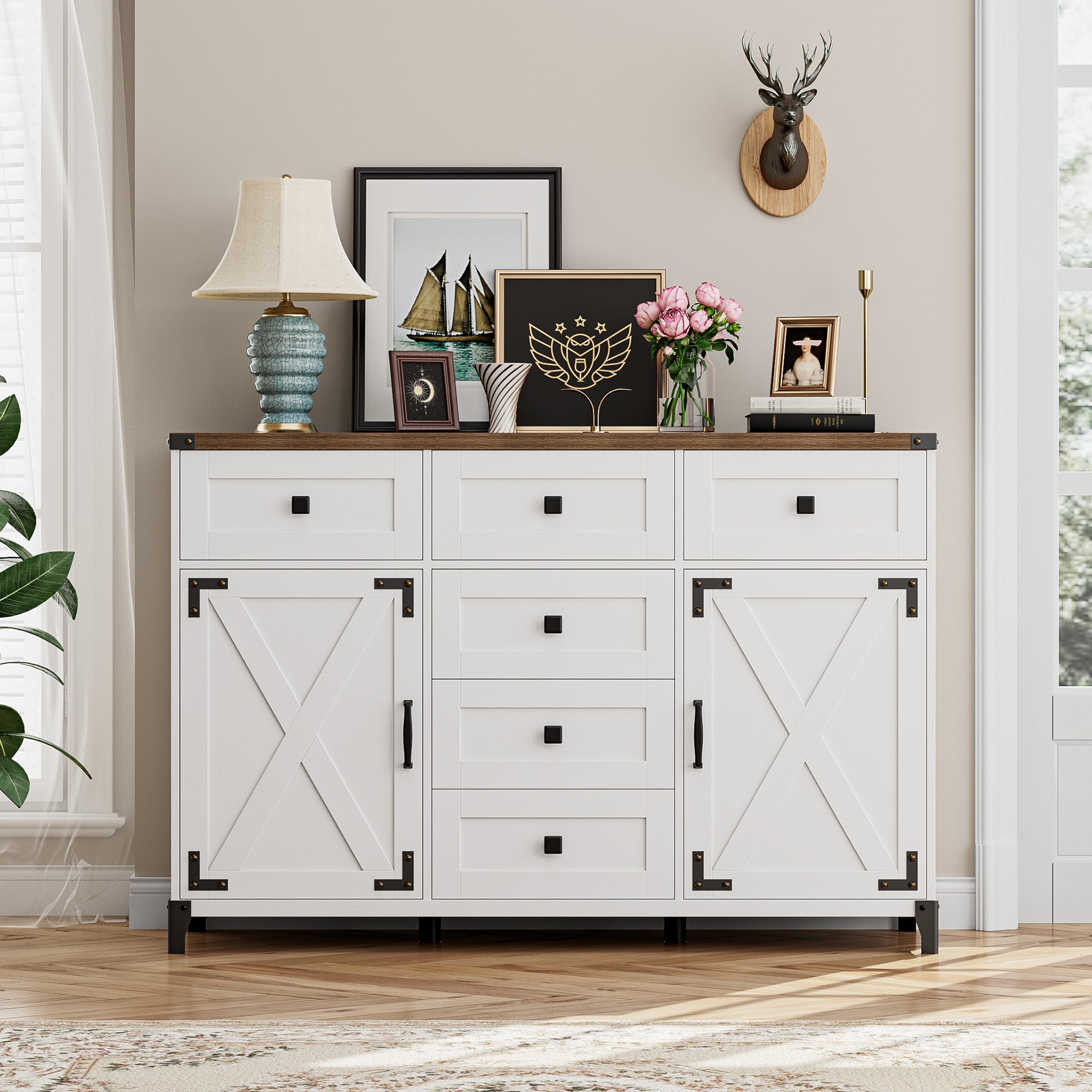 Hiphuta 53.7” Large Buffet Sideboard, Wooden Credenza Cabinet with 6 Drawers, Floor Cabinet Cupboard with Brown Top, White