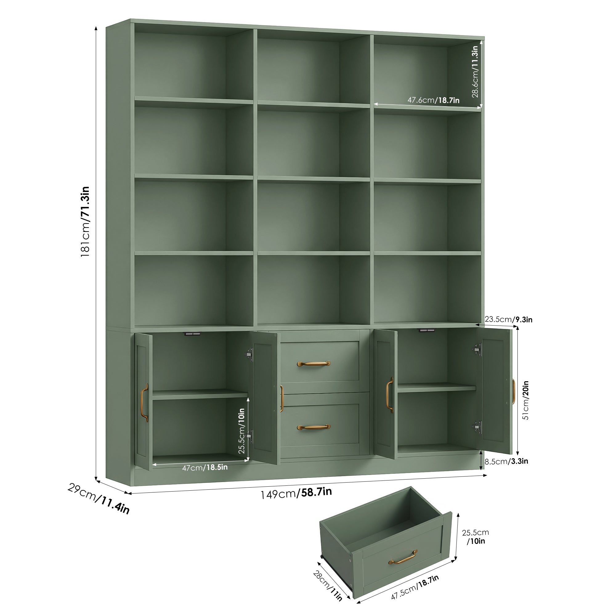 Triple Row 4-tier Bookcase, Large Bookcase with 4 Doors and 2 Drawers, Modern Minimalist Bookcase for Office Living Room, Green