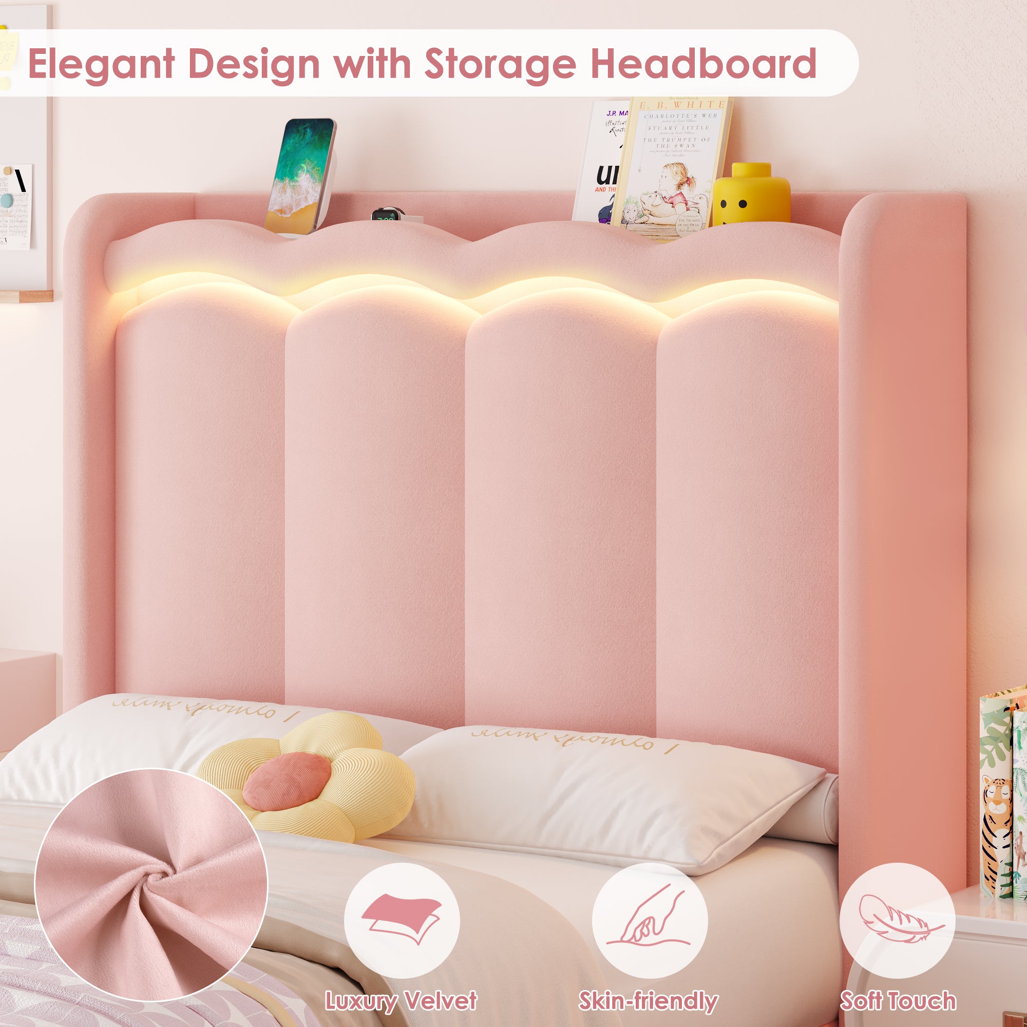 Hiphuta Twin Size Bed with Power Outlet & LED, Upholstered Princess Beds with Drawer, Twin Beds with Headboard Storage, Pink