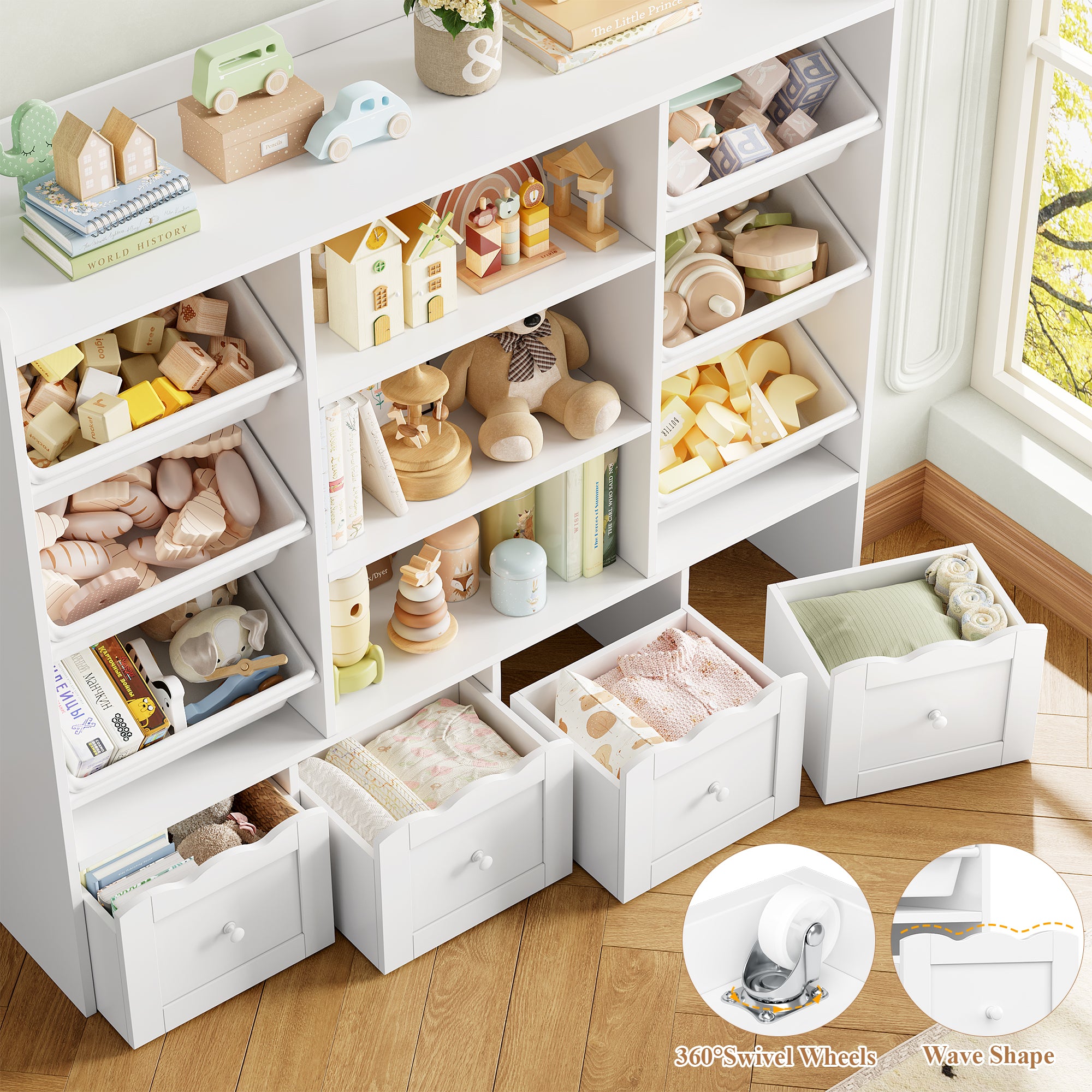 Hiphuta 55" Wide Toy Storage Organizer with 4 Removable Drawers, 4-Tier Kid Bookcase with 6 Bins, Toy Organizer with Bookcase for Kid Bedroom Playroom, White