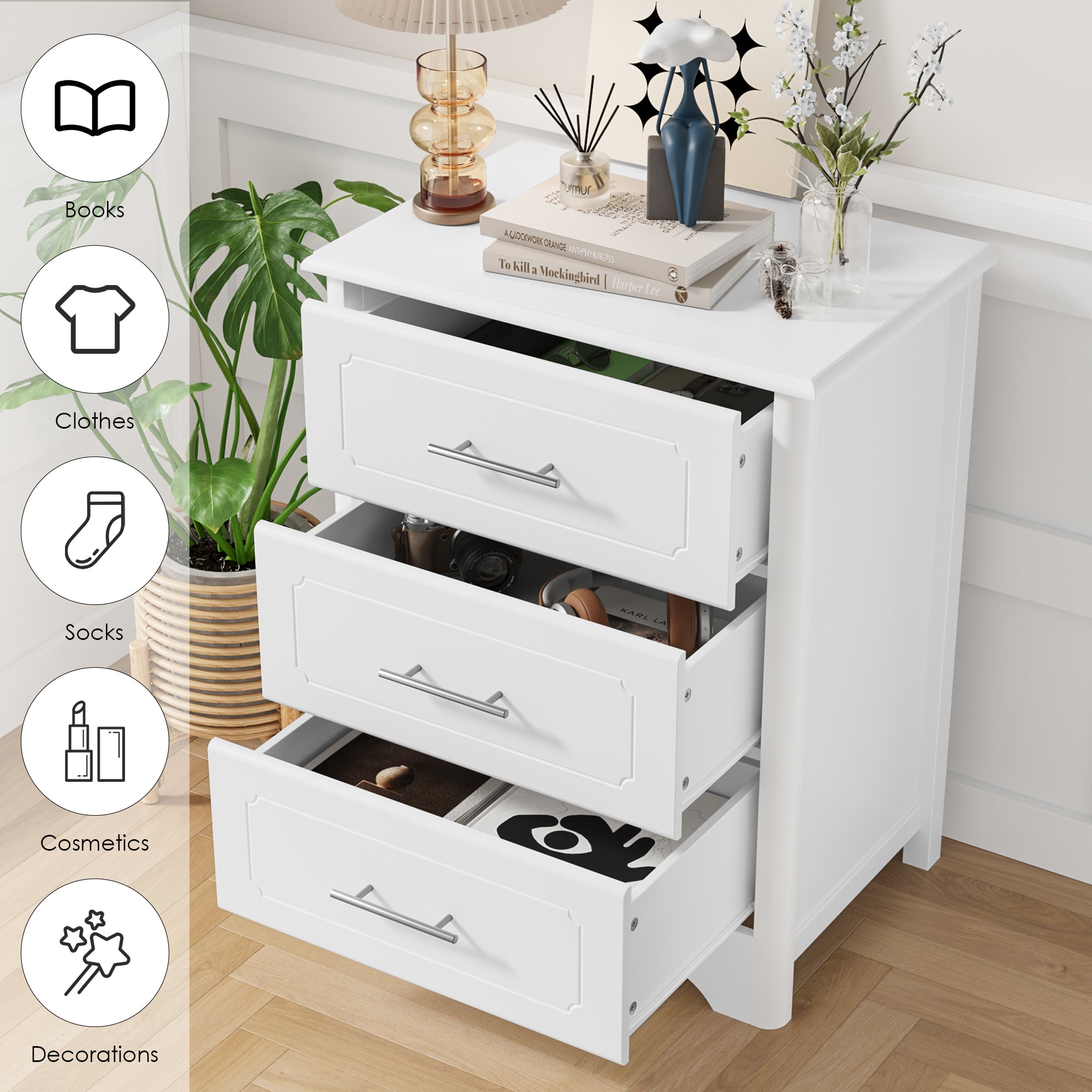 Hiphuta Modern Dresser with 3 Drawers & Metal Handle for Bedroom Living Room, White