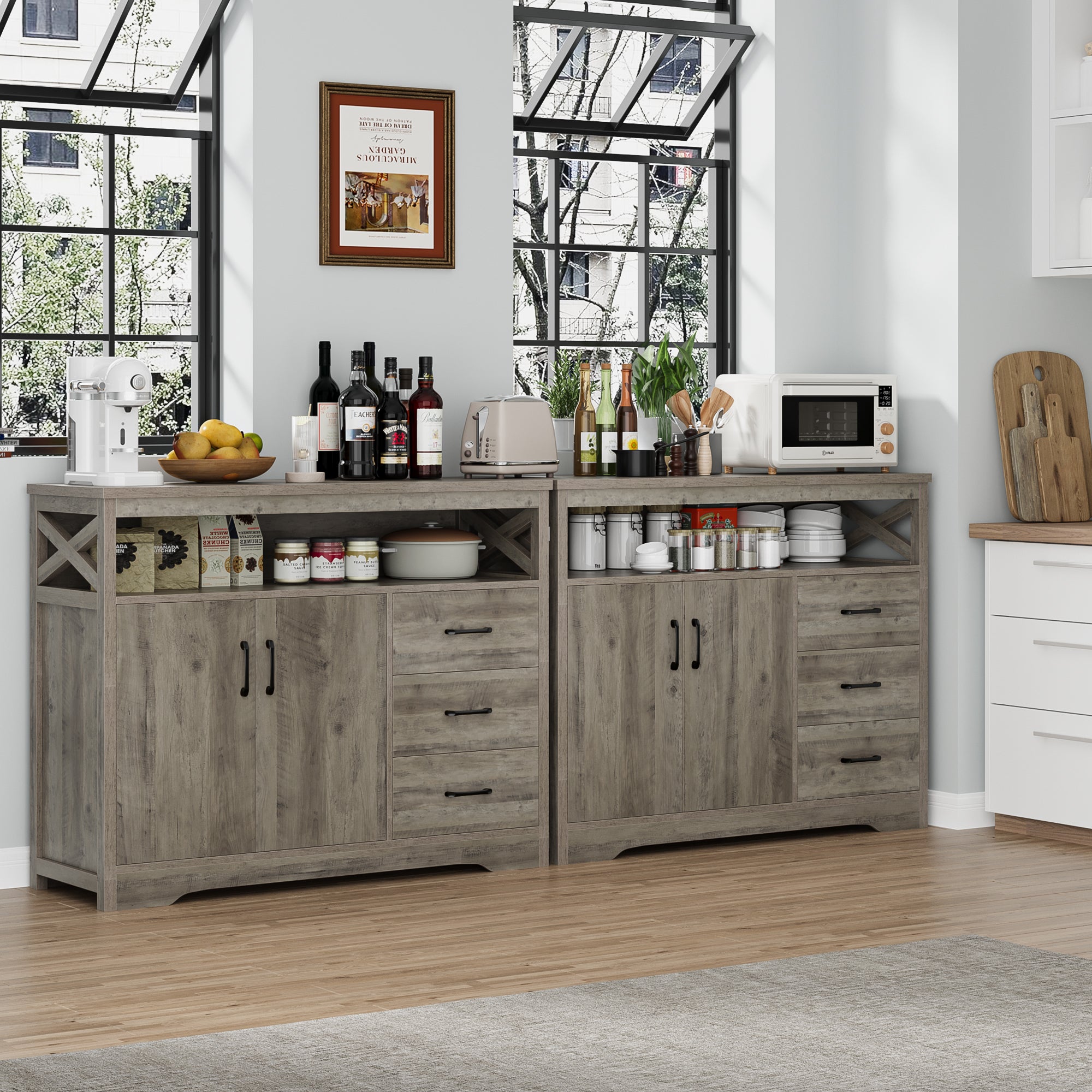 Hiphuta 47.2” Wide Buffet Sideboard, Farmhouse 3 Drawer Credenza Cabinet with 2 Doors, Ash Gray