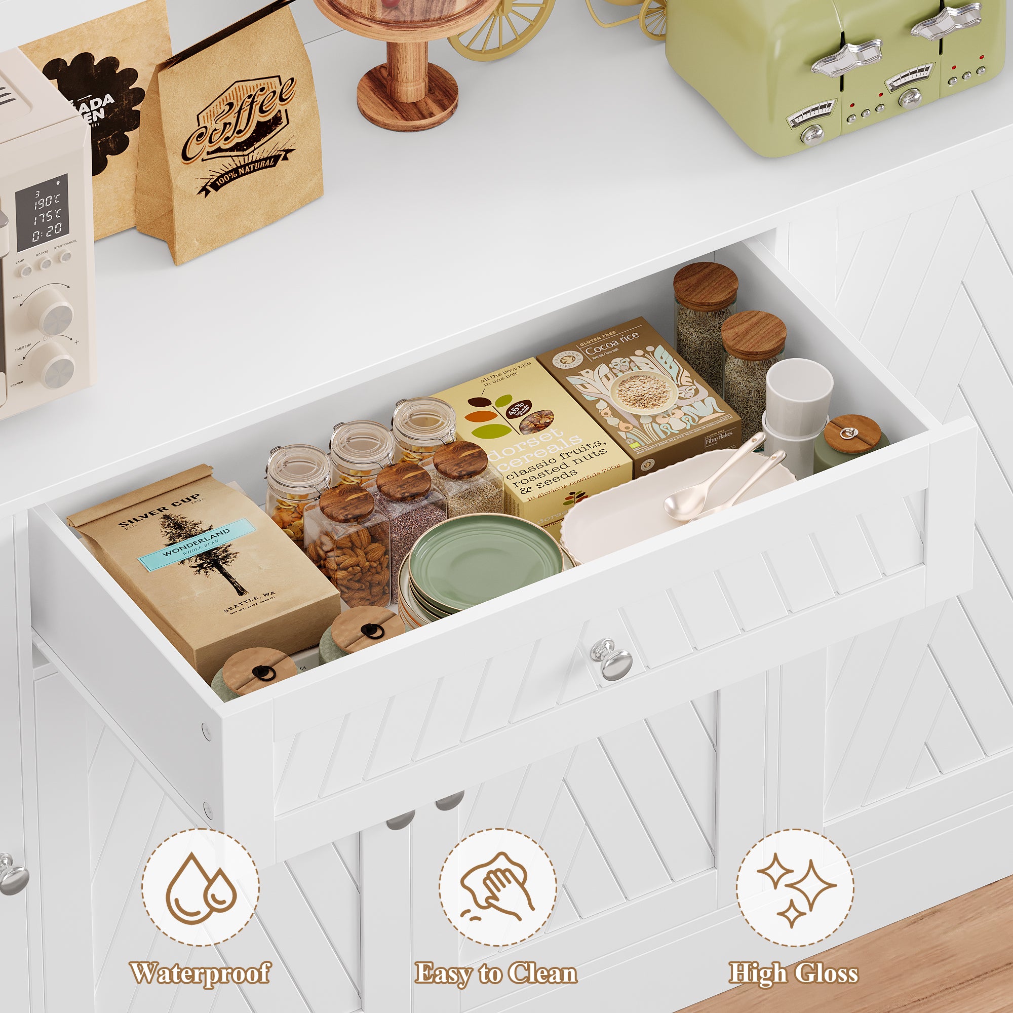 Hiphuta 72" H Kitchen Pantry Cabinet with Frosted Glass Door, Farmhouse Kitchen Storage Cabinet with Cable Management, Large Kitchen Hutch for Kitchen Dining Room,White