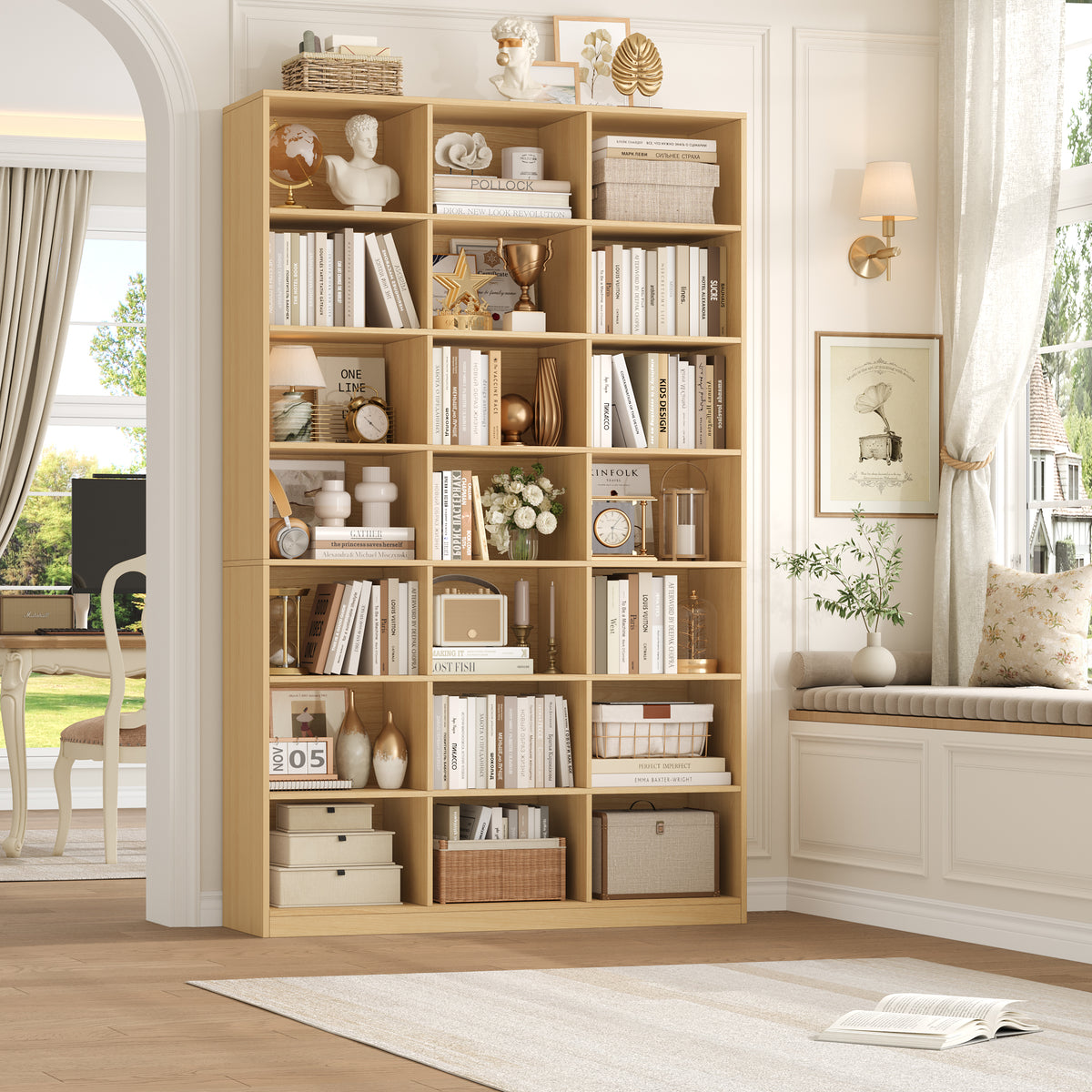 Hiphuta 86"H x 47"W Wood Triple 7-Tier Standard Bookcase, Tall Bookcase for Bedroom, Living Room and Office, Freestanding 21 Cubes Display Storage Shelves, Natural