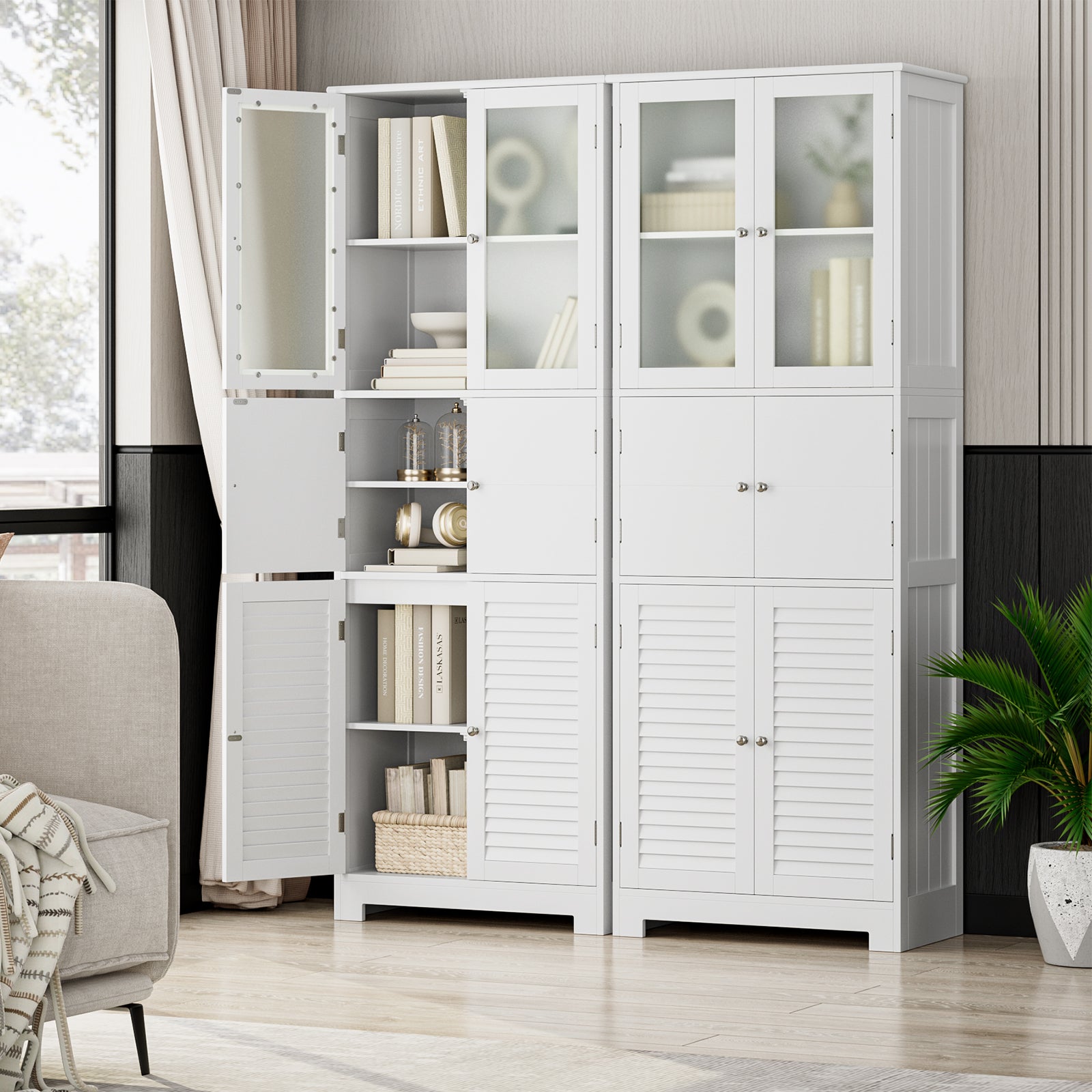 Hiphuta 67"H Bathroom Storage Cabinet with Drawer, 6 Doors Modern Freestanding Cupboard, White