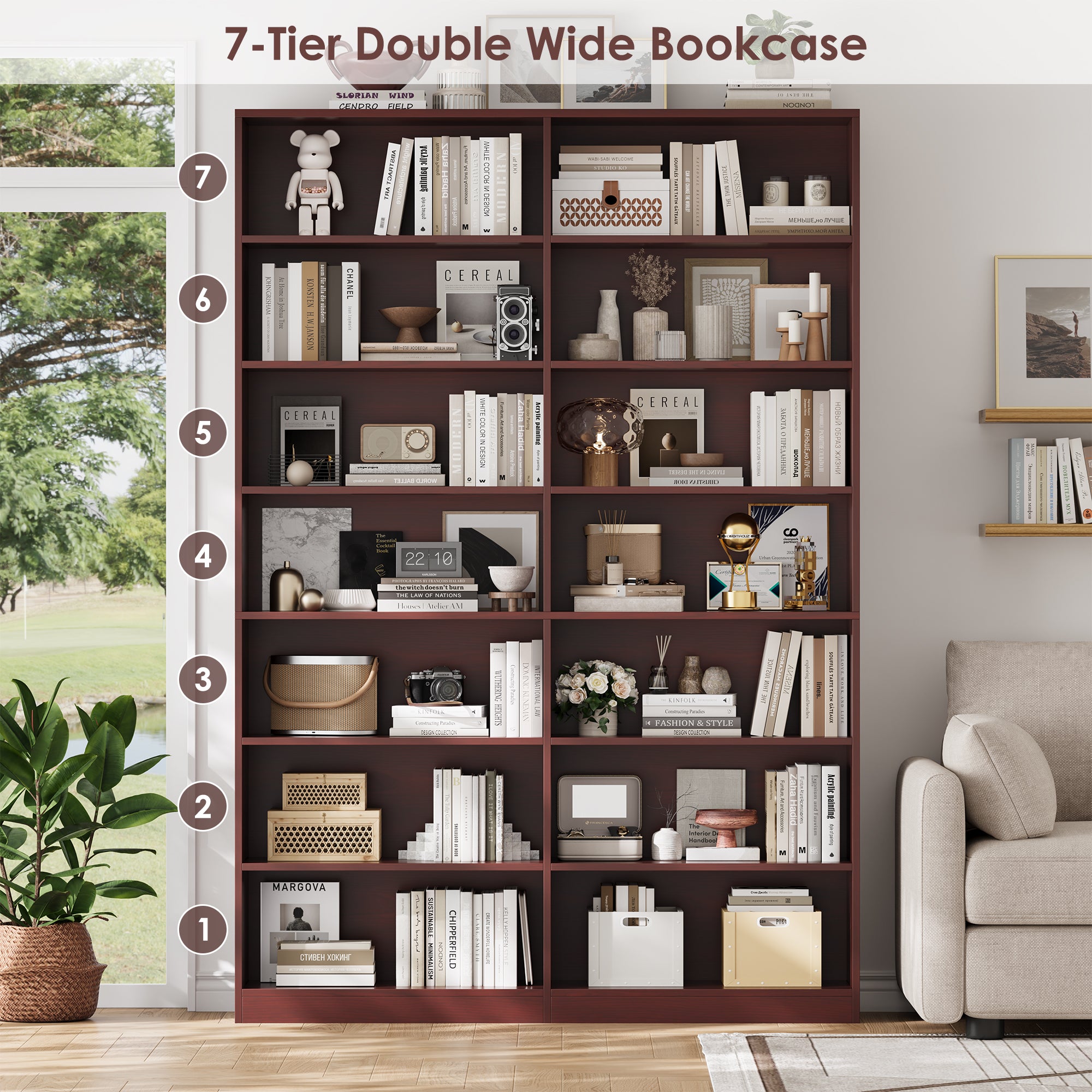 Hiphuta 84"H Double Wide 7-Tier Bookcase, Large Modern Bookcase with 14 Cubes for Home Office and Living Room, Freestanding Display Book Shelves, Cherry